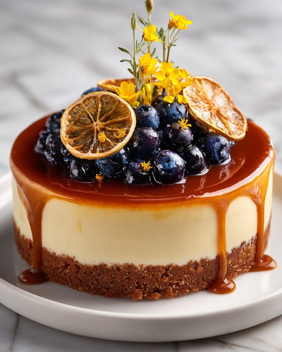 A cheesecake with three visible layers sits on a white plate over a white marbled texture. The bottom layer is a thick, crumbly brown crust. Above it is a smooth, creamy pale yellow cheesecake layer with a soft texture. On top, a shiny caramel layer drips slightly down the sides, adding a rich amber color. The cheesecake is decorated with a pile of glossy dark blueberries at the center, topped with thin, translucent dried lemon slices that show detailed veins and a sprig of small yellow flowers, adding a delicate touch. Photo taken with an iphone --ar 4:5 --v 7