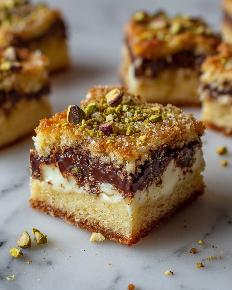 The image shows a close-up of a square piece of cake with three main layers: a bottom layer of golden brown cake with a soft and crumbly texture, a thick middle layer of melted dark chocolate with swirls of white cream, and a top layer sprinkled with crushed green pistachios that add color and texture. There are visible crumbs and bits of chocolate on the white marbled surface underneath. The top of the cake looks crispy and slightly grainy with a golden crust, and the pistachios are unevenly placed, giving it a natural and fresh look. Photo taken with an iphone --ar 4:5 --v 7
