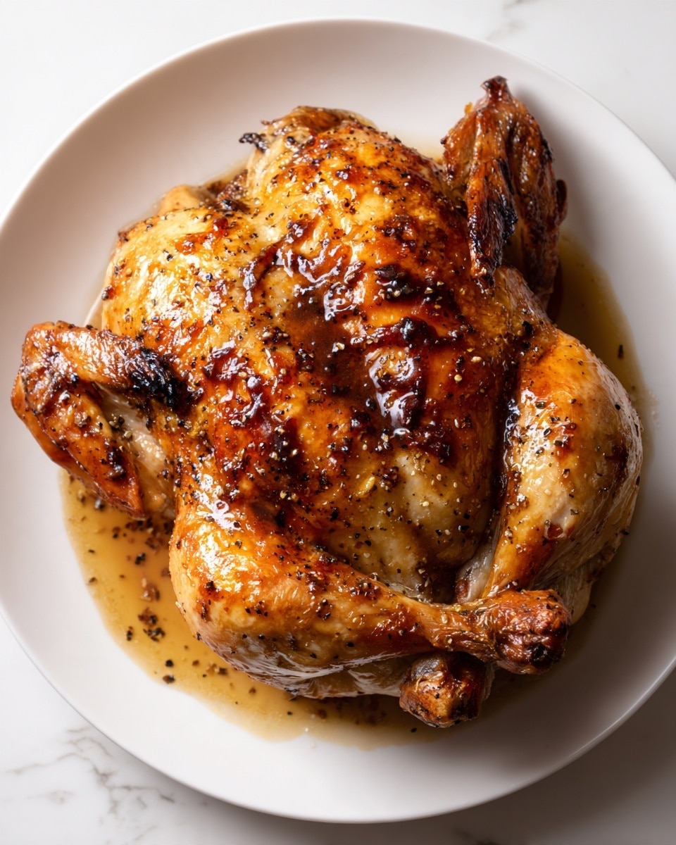 A whole roasted chicken with a shiny, dark brown glaze sits in the center of a white plate. The chicken's skin shows a mix of golden brown and darker charred spots, giving it a slightly crispy look. The glaze is glossy and unevenly spread, pooling slightly in some areas, especially on the chicken's thighs, wings, and back. The white plate has a plain design and rests on a white marbled surface, with small pieces of caramelized sauce around the chicken edges. photo taken with an iphone --ar 4:5 --v 7