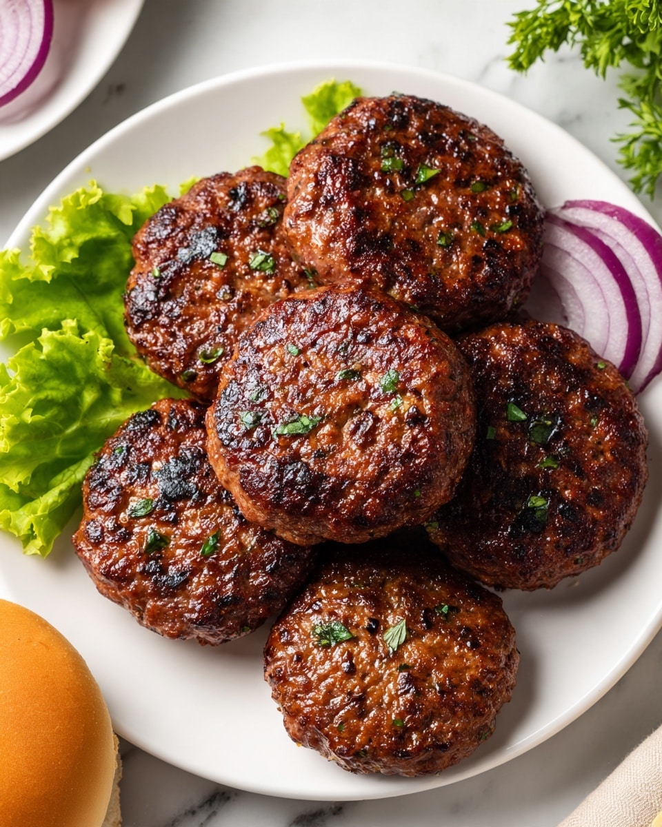 The image shows a white plate holding six cooked beef patties, each with a dark brown grilled texture and shiny surface that reflects light, topped with small green parsley leaves. Around the plate, there is a partial view of a white plate with red onion slices, bright green lettuce, and a tomato slice, along with a section of two soft golden-brown sandwich buns on the white marbled surface. The lighting emphasizes the juicy, slightly shiny texture of the patties. photo taken with an iphone --ar 4:5 --v 7