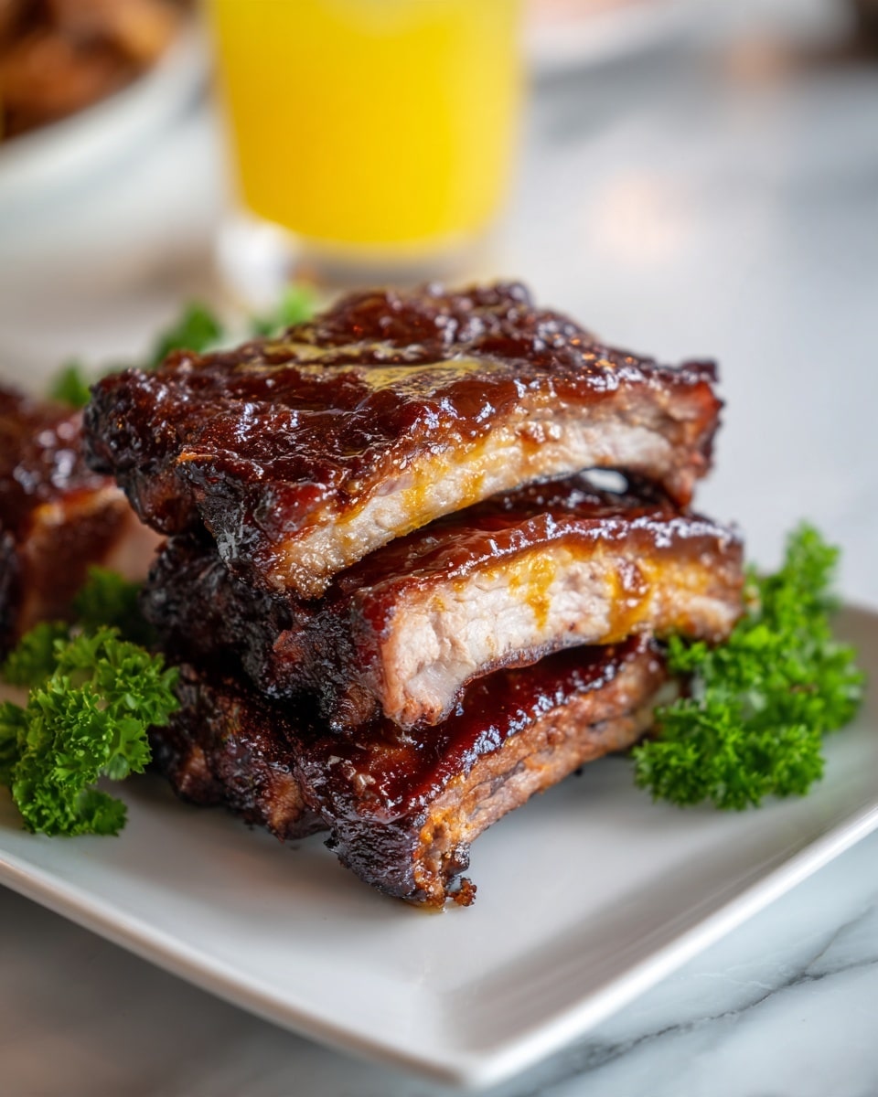 The image shows a close-up of several thick slices of cooked meat with a shiny, dark brown glazed sauce coating the top and sides. The meat has a light pinkish interior with a slight charred edge on the glaze. The slices are stacked on each other inside a white bowl, with some green herb garnishing peeking from behind the meat. The background features a blurry large yellow object, and the whole scene is set on a white marbled surface. photo taken with an iphone --ar 4:5 --v 7