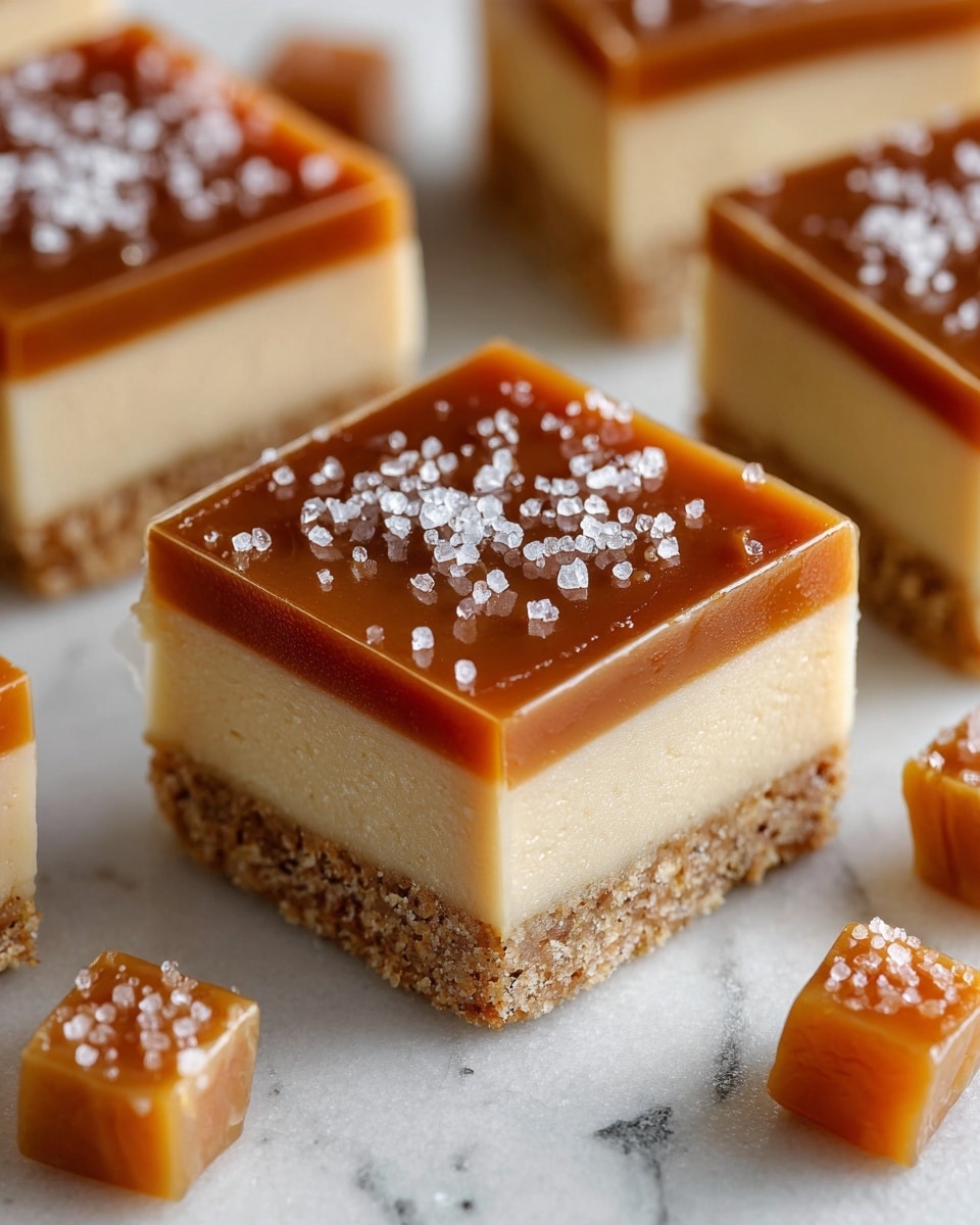 The image shows several square caramel cheesecake bars arranged closely on a white marbled surface. Each bar has three distinct layers: the bottom layer is a crumbly light brown crust, the middle layer is a thick, smooth pale cream cheesecake, and the top layer is a shiny, rich amber caramel glaze sprinkled with coarse white sea salt. Around the bars, small caramel candy cubes are scattered, adding texture and color contrast to the scene. The focus is sharp on the front cheesecake bar, with soft focus on the others behind it, creating depth. photo taken with an iphone --ar 4:5 --v 7