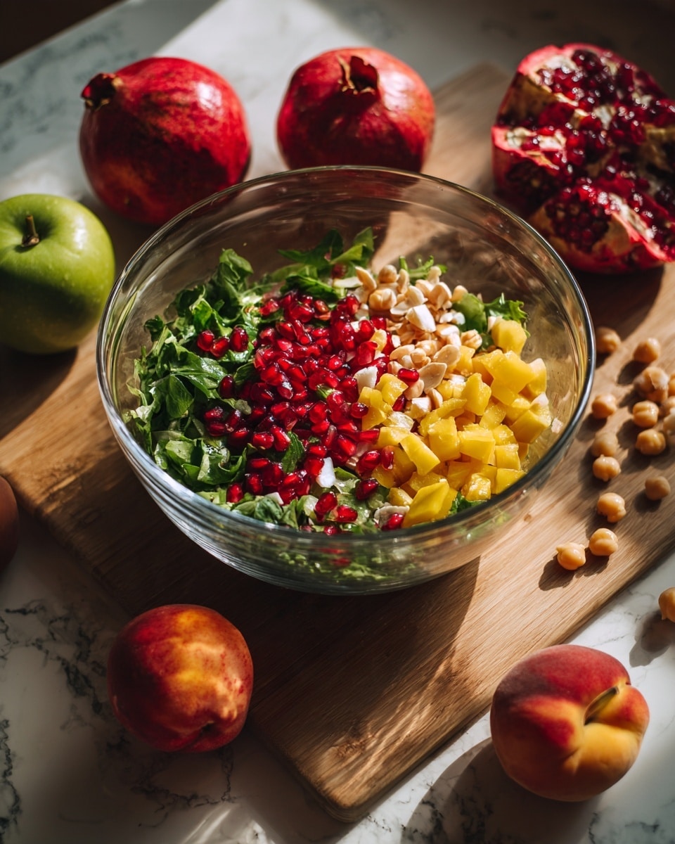 A clear glass bowl filled with a colorful salad sits on a wooden board. Inside the bowl, the salad has several layers: bright green chopped leafy greens at the base, scattered bits of yellow fruit or vegetable, white chunks that look like cheese, and shiny red pomegranate seeds spread evenly throughout. Small round chickpeas and some crushed nuts add texture along with red pieces that might be thinly sliced apple or another fruit. Around the bowl, there are whole red and green apples and two large red pomegranates. The photo is taken with a woman's hand near the bowl, and the background is a white marbled texture. photo taken with an iphone --ar 4:5 --v 7