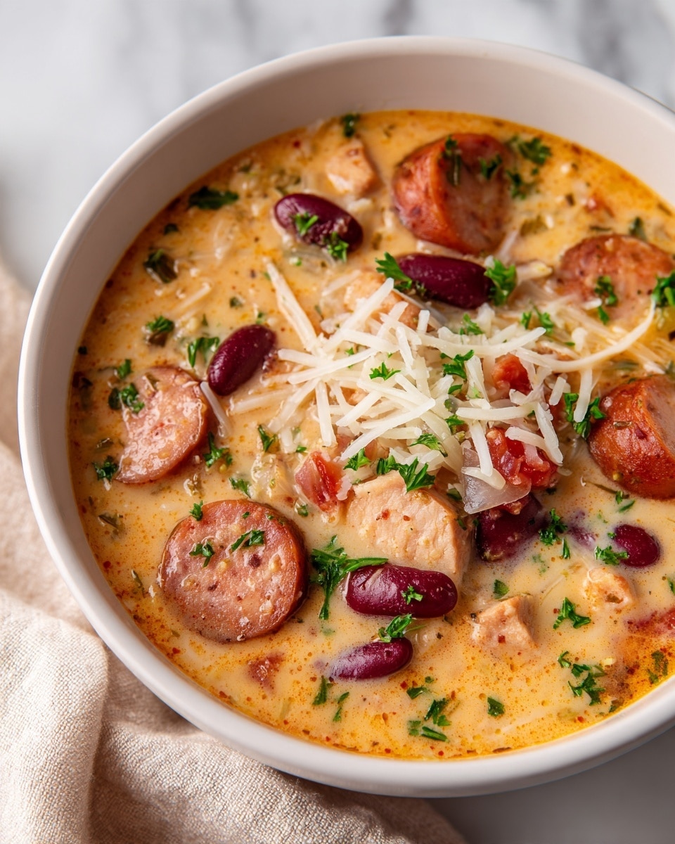 A close-up of a creamy stew in a white bowl with a dark rim, filled with chunks of light brown meat, reddish kidney beans, golden corn kernels, and browned sausage slices. The stew has an orange-tan creamy broth with herbs sprinkled on top, which include chopped green parsley and white shredded cheese at the center. The texture is thick and rich, and the bowl is placed on a white marbled surface. Photo taken with an iphone --ar 4:5 --v 7