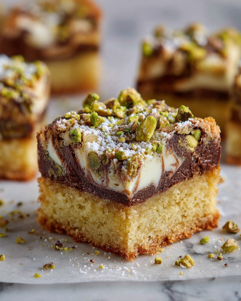 The image shows a close-up of a single square piece of cake with three clear layers. The bottom layer is a golden brown crust, dense and firm. The middle layer is a light yellow-green moist cake with small green bits inside, giving it a soft texture. The top layer has a melted dark chocolate swirl mixed with white cream, creating a marbled effect, and is topped with chopped green pistachios scattered over it. The cake piece sits on a light brown paper surface, with other similar cake pieces blurred in the background. photo taken with an iphone --ar 4:5 --v 7