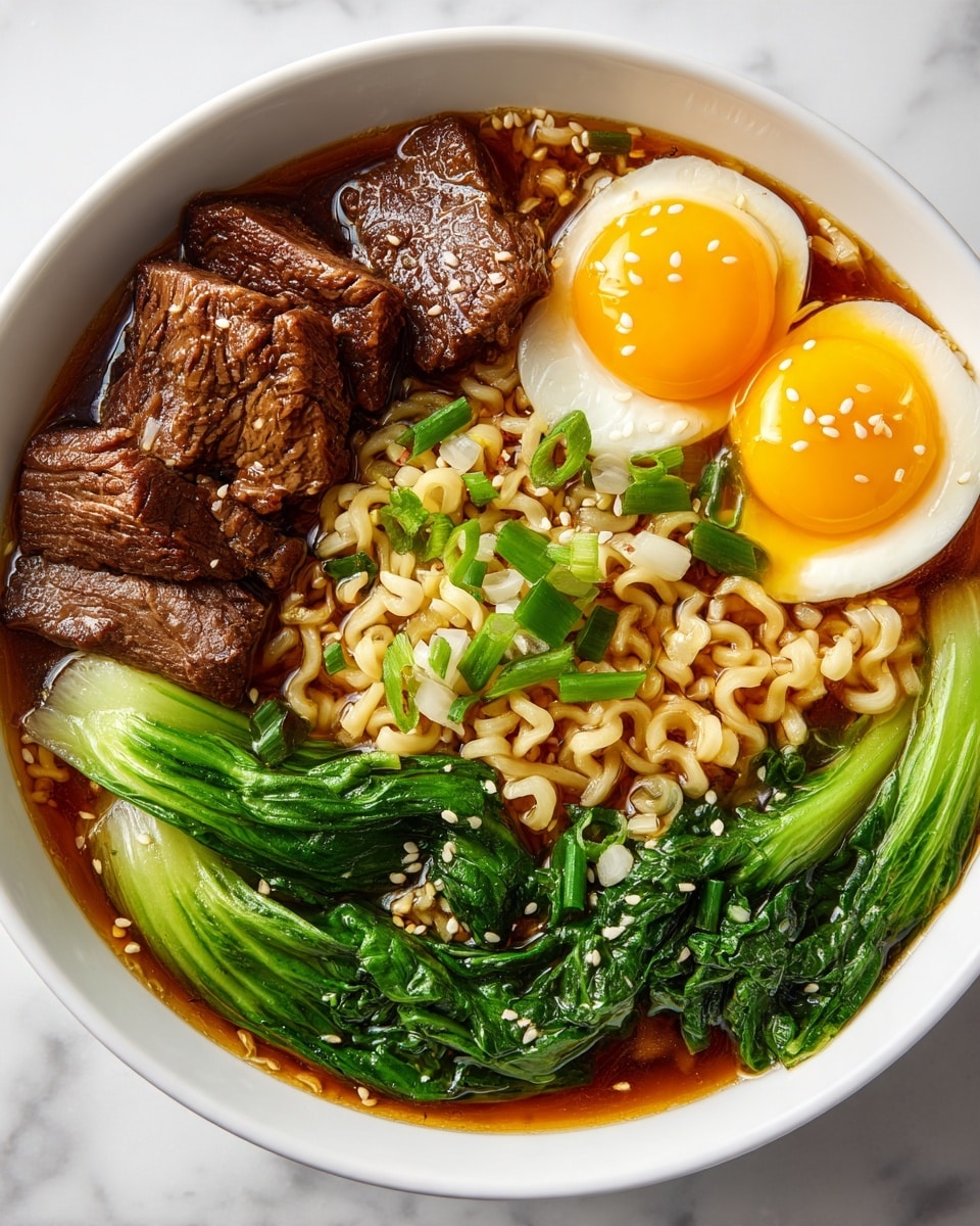 A white bowl filled with a rich brown broth holds soft, wavy noodles on the bottom right, topped lightly with chopped green onions. On the top right, bright green leafy bok choy lays folded with a glossy texture. Two sunny yellow fried eggs with shiny, smooth yolks and slightly crispy white edges sit near the center top. On the left, pieces of tender brown cooked meat rest partly in the broth. The bowl is placed on a white marbled surface. photo taken with an iphone --ar 4:5 --v 7