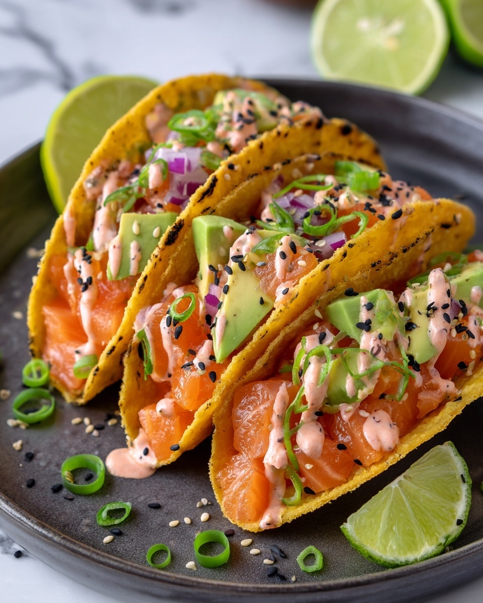A close-up view of four crispy golden taco shells arranged neatly on a black plate, each filled with small cubes of bright orange salmon mixed with diced pale green cucumber and small pieces of purple-red onion. On top, there is a drizzle of light pink sauce and a sprinkle of black and white sesame seeds. Each shell is garnished with thin, curly green onion slices. To the side of the plates, there are wedges of green lime. The plate is placed on a white marbled surface. Photo taken with an iphone --ar 4:5 --v 7
