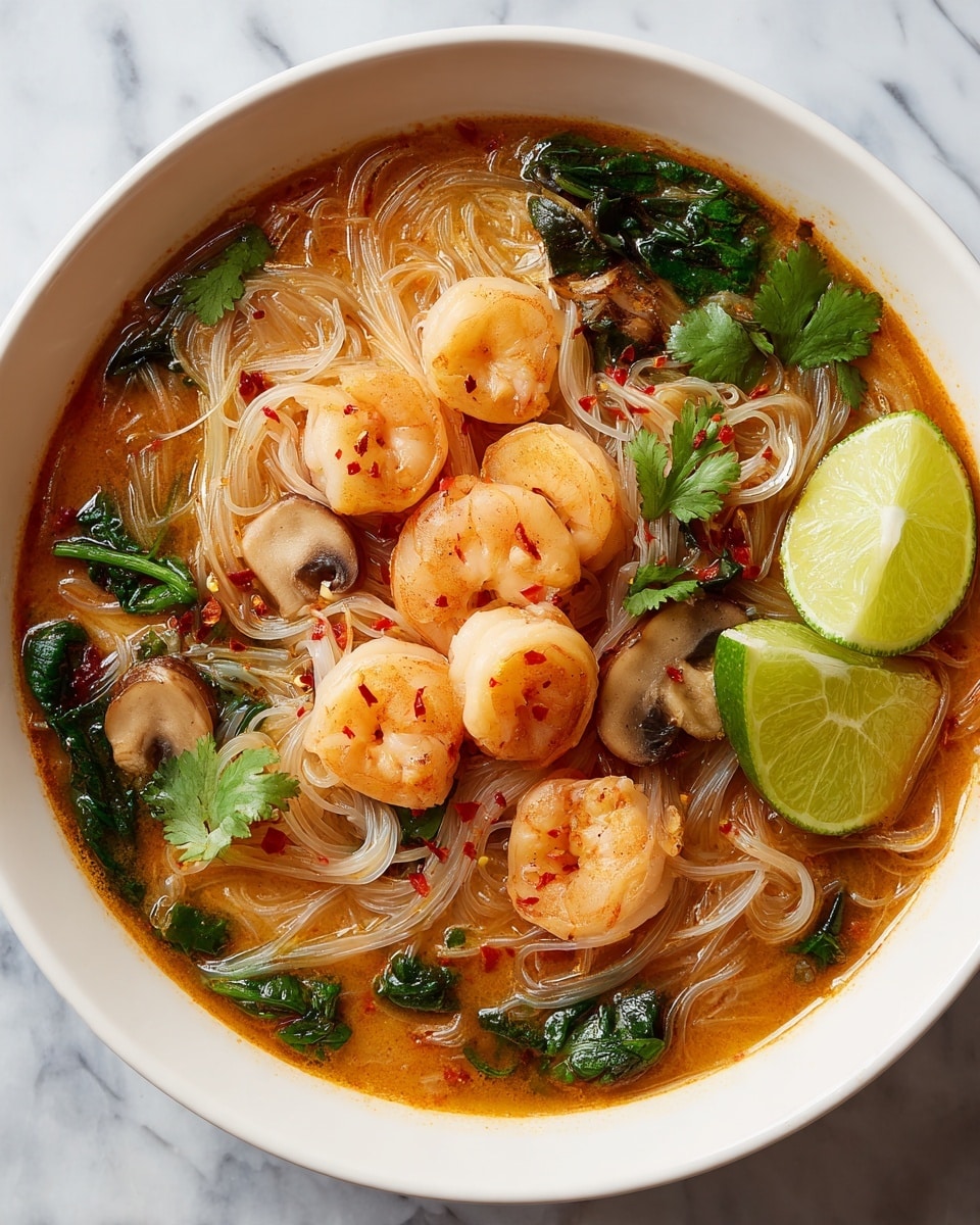 In the white bowl on a white marbled surface, there is a dish with a rich orange broth as the base. Inside the broth, there are four plump pink shrimp spread around the bowl, sprinkled with small red chili flakes. Nestled among the shrimp are light beige thin rice noodles arranged in small nests. There are slices of light brown mushrooms and bright red bell pepper strips adding color. Fresh green spinach leaves and vibrant cilantro leaves are scattered throughout. Two wedges of lime with a pale green-yellow color sit inside the bowl, adding a fresh touch. The overall look is warm and inviting with a mix of bright and earthy tones. photo taken with an iphone --ar 4:5 --v 7