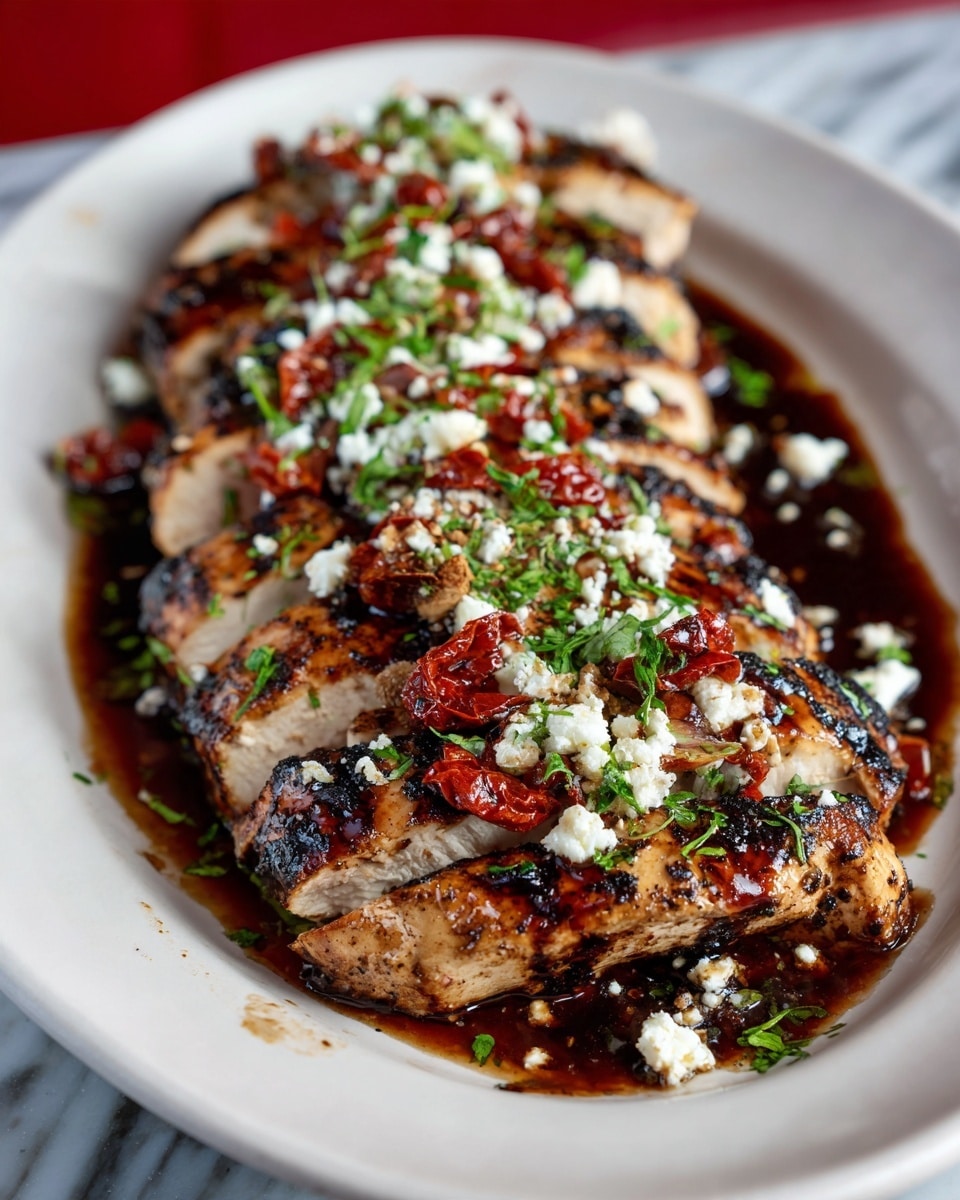 The dish shows five pieces of grilled chicken arranged in a row on a white plate, each piece topped with crumbled white cheese, thin green basil strips, and small, dark red sun-dried tomatoes. The chicken is dark golden brown with a shiny glaze of dark balsamic sauce drizzled over it. The plate rests on a white marbled surface with a red background blurred behind. photo taken with an iphone --ar 4:5 --v 7