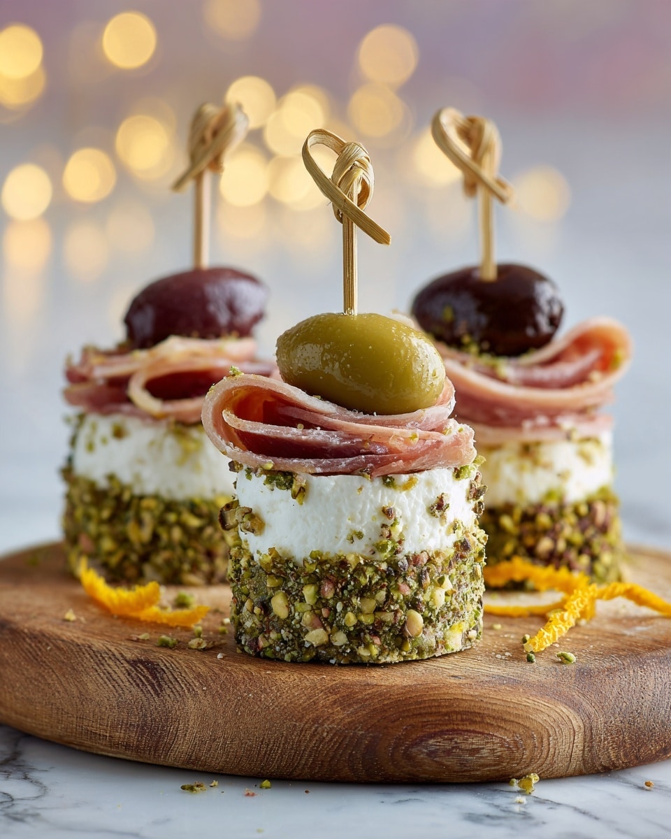 The image shows three small round snacks placed on a wooden board. Each snack has four main layers: the bottom layer is coated with chopped green nuts giving a rough and colorful outer texture, above that is a white creamy layer, followed by a folded slice of pink ham with a slight crispy look on the edges, and on top are two olives stacked, the bottom one dark purple and the top one green with a hole in the center. All layers are held together by a wooden skewer with a knotted top. Small orange zest and nut pieces are scattered around the base of the snacks. The background is blurred with warm yellow lights. photo taken with an iphone --ar 4:5 --v 7