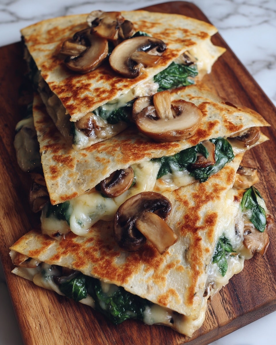The image shows four triangular quesadilla slices stacked slightly on a white marbled surface, each with a thin and lightly toasted golden tortilla on outside. The inside layers include melted pale yellow cheese flowing out slightly, dark brown sautéed mushroom slices placed on top, and vibrant green cooked spinach filling the middle. The quesadilla has a soft, warm texture with some darker toasted spots on the tortillas and a juicy, melted look from the cheese. The photo taken with an iphone --ar 4:5 --v 7