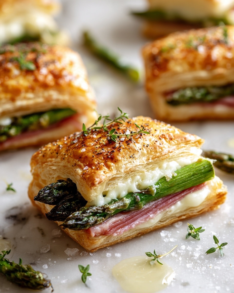 The image shows a golden brown pastry puff with four green asparagus spears sticking out from the open end, wrapped inside melted, slightly browned cheese and a thin slice of cooked ham. The puff pastry has crispy, flaky layers with a shiny, textured surface dotted with small herbs on top. The asparagus tips are charred and dark green, and the pastry rests on a rustic wooden board with some glistening oil and scattered coarse salt. The background has more of these puffs slightly out of focus on the same wooden board over a white marbled surface photo taken with an iphone --ar 4:5 --v 7