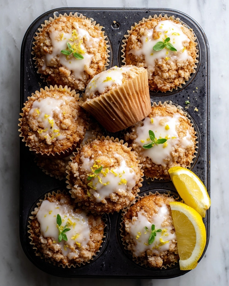 The image shows seven muffins in a dark metal muffin tray, each muffin resting in a light beige paper liner. Each muffin has a golden brown top covered with a crumbly, crunchy streusel layer that is a mix of light and darker brown crumbs. There is a drizzle of creamy white glaze on top of some muffins, creating a smooth contrast with the crumbly texture. Thin, curved yellow lemon peel strips with a bright color are placed on the muffins, adding a fresh look. Small green herb sprigs are placed on each muffin, giving a touch of green color. To the right of the muffin tray, two bright yellow lemon wedges sit on a white marbled surface. The photo taken with an iphone --ar 4:5 --v 7