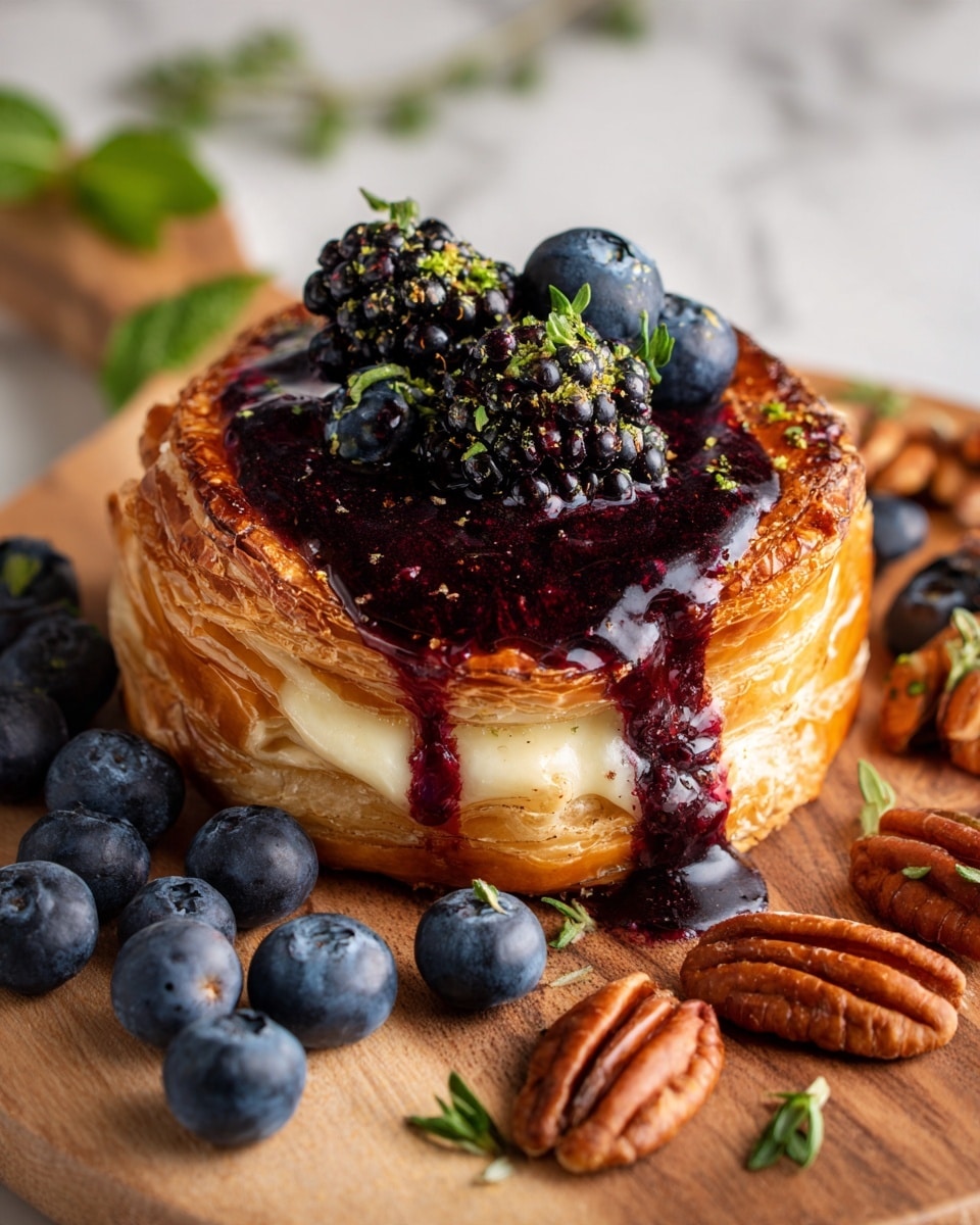 A round baked pastry with golden, flaky layers forms the base, slightly cracked open to show melted white cheese mixed with dark purple berry sauce oozing out from its center. On top of the pastry, there is a small pile of fresh blackberries and blueberries, with light green herb leaves sprinkled over it. Around the wooden board, additional whole blackberries, blueberries, and pecans are placed, along with scattered green herb sprigs. The background is a white marbled texture, giving a clean and fresh look. Photo taken with an iphone --ar 4:5 --v 7