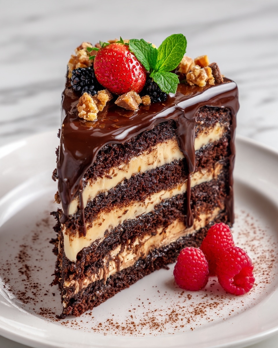 A tall slice of chocolate cake with five layers alternates between dark, moist chocolate cake and smooth, light brown caramel filling. The whole slice is covered with shiny chocolate glaze that drips down the sides. On top, there are dark chocolate chunks, golden crunchy crumbs, a bright red strawberry, and two dark blackberries with small green leaves. Next to the cake on a white plate, there are three ripe raspberries and some light brown cocoa powder dusted on the plate. The background is a white marbled texture. photo taken with an iphone --ar 4:5 --v 7