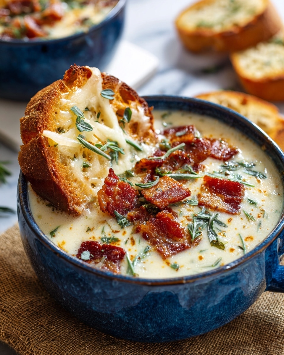 A thick bowl of creamy soup fills a deep blue ceramic mug sitting on a white marbled surface. The soup is light yellow with small bits of green herbs scattered on top. There are two toasted bread slices floating in the soup, browned and bubbly with melted cheese covering their top sides. Pieces of crispy bacon and small sprigs of green herbs rest on the soup surface, adding spots of red and green color. The soup edges show some spillover, and the mug handle is visible on the left side. photo taken with an iphone --ar 4:5 --v 7