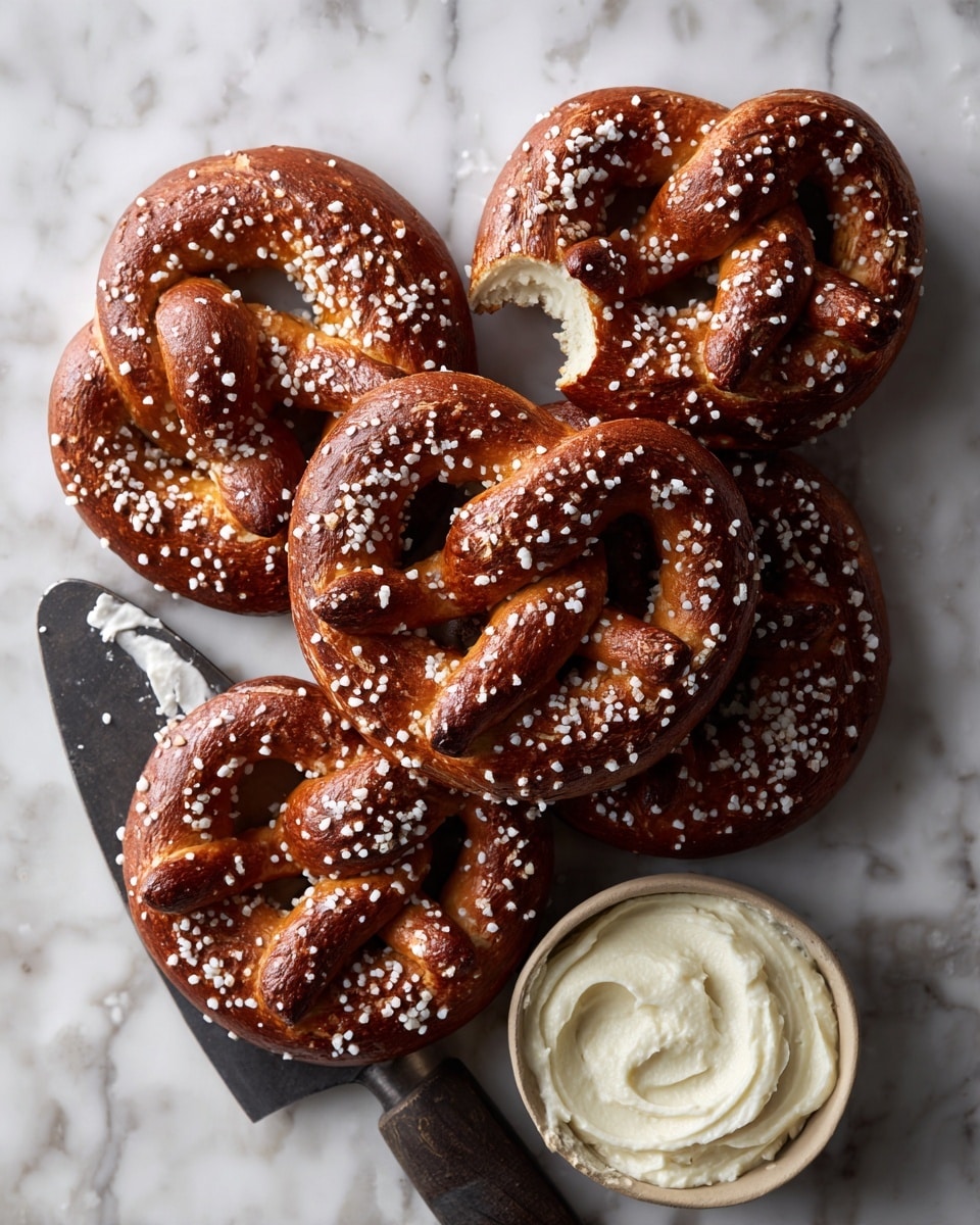 The image shows seven dark brown pretzels with a shiny, smooth surface, each topped with coarse salt crystals scattered unevenly. They are arranged closely together on a black slate surface with a visible knife on the side. One pretzel in the top left corner is partially eaten, revealing a soft, light beige inside. Near the bottom right corner, there is a white bowl filled with a smooth, white cream. A woman's hand is holding the bitten pretzel from the top left area. The background features a white marbled texture. photo taken with an iphone --ar 4:5 --v 7