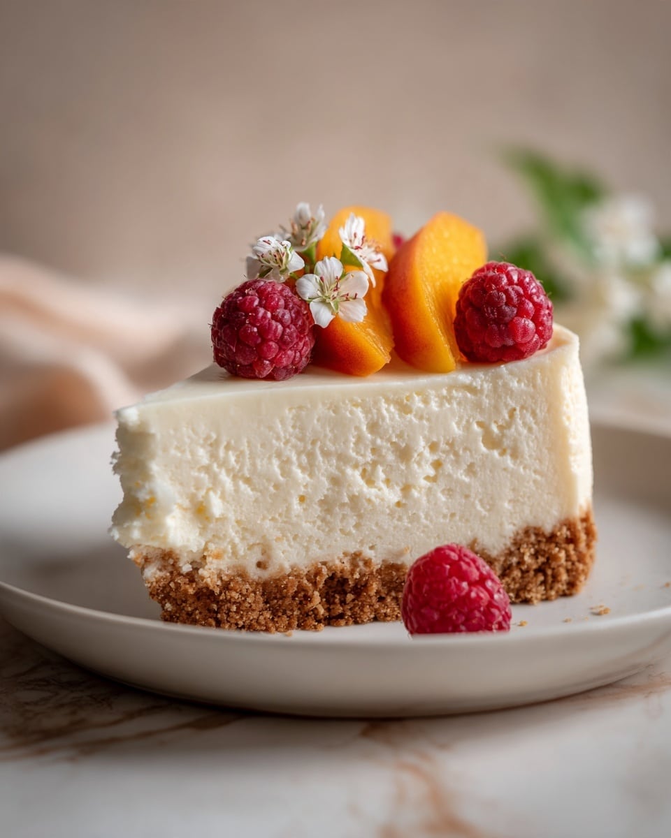 A slice of creamy cheesecake sits on a white plate, showing three main layers. The bottom layer is a crumbly, light brown crust with a rough texture. Above the crust is a thick, smooth white cream cheese layer that looks soft and fluffy. The top layer has yellow peach slices and bright red raspberries arranged over the cream, with a small white flower as decoration. The plate is placed on a white marbled surface with a blurred light brown and beige background. Photo taken with an iphone --ar 4:5 --v 7