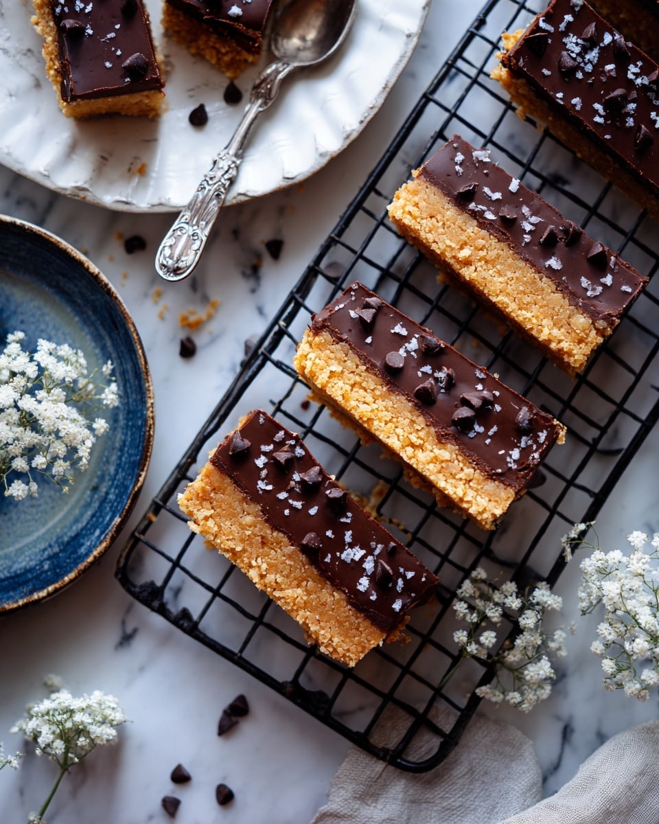 A rectangular baked dessert with a golden brown top layer that is slightly uneven and bubbled, dotted with small dark brown chocolate chips and sprinkled with coarse white sea salt. The dessert fills a deep clear glass baking dish, with crispy darker brown edges that frame the softer center. The dish sits on a black wire rack over a white marbled surface. On the left side, part of a white plate with a vintage silver knife and small white flowers is visible. Photo taken with an iphone --ar 4:5 --v 7