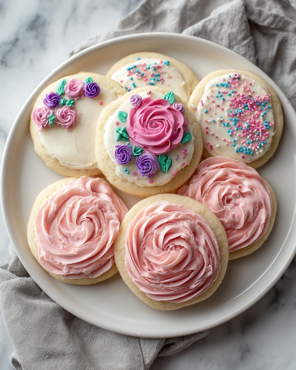 The image shows a white plate with several round sugar cookies, each decorated differently. One cookie has a thick swirl of light pink frosting covering the top layer, with a soft and fluffy texture. Another cookie has a smooth white base layer of frosting topped with a pink swirl rose design surrounded by small purple and green floral details. A third cookie features a thin layer of white frosting covered in tiny pastel pink, blue, and purple round sprinkles, with small flower shapes at the edge. The plate sits on a white marbled surface with a gray cloth partially visible underneath. photo taken with an iphone --ar 4:5 --v 7