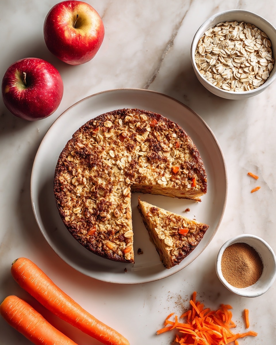 A round, thick cake with a golden brown crust sits on a white plate, featuring a rough, textured top sprinkled with whole oats and a dusting of brown cinnamon powder. One wedge is removed from the cake to show the inside, which is light brown with visible small chunks of orange carrot and pale pieces of apple, revealing a moist and dense texture. Surrounding the plate on a white marbled surface are two whole carrots with green tops, a whole red and yellow apple, one apple sliced in half showing the seeds, a white bowl filled with rolled oats, a small white bowl of brown cinnamon powder, and some loose grated carrot pieces. photo taken with an iphone --ar 4:5 --v 7