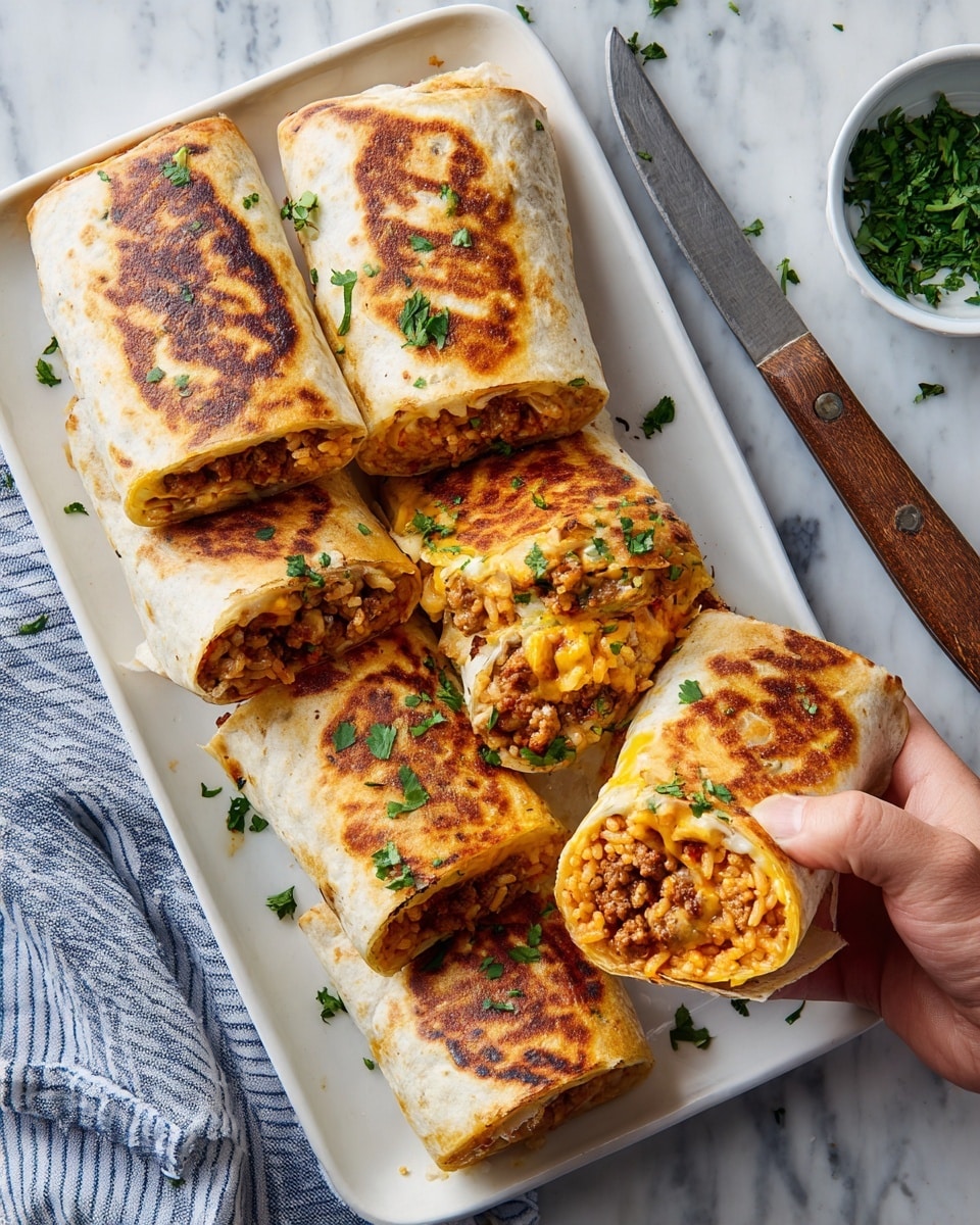 The image shows several pieces of stuffed burritos placed on a white rectangular plate. Each burrito has three visible layers inside: a soft tortilla wrap on the outside with a light toasted brown texture and some darker char marks, a layer of yellow melted cheese inside, and a center filling made of ground meat mixed with small orange bits, possibly vegetables, and garnished with small green herbs. The burritos are cut to show the inside layers, neatly stacked and arranged with some green herb leaves scattered around. The plate sits on a white marbled surface next to a blue striped cloth and a wooden-handled knife. Photo taken with an iphone --ar 4:5 --v 7