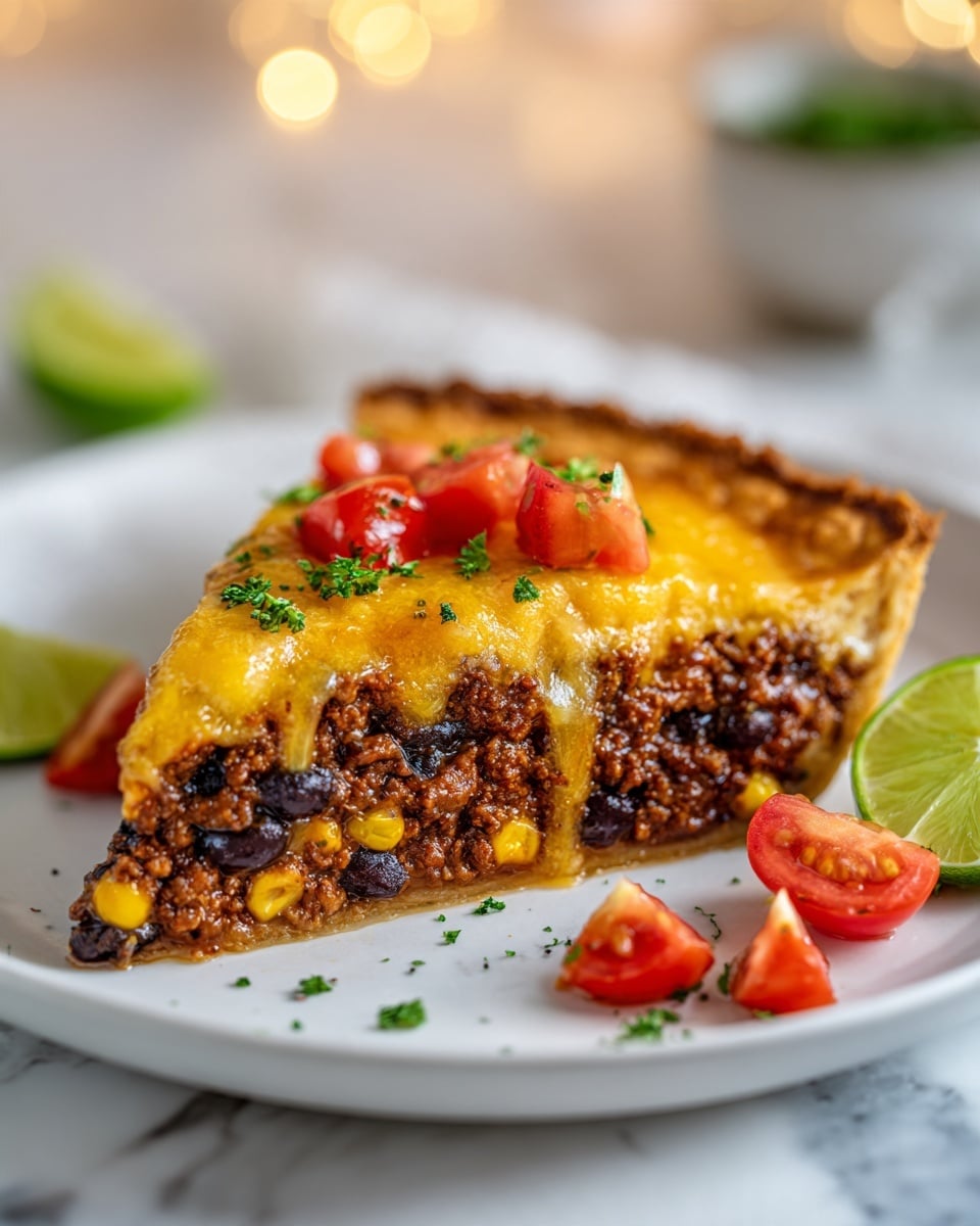 A close-up view of a slice of layered savory pie on a white plate with a few lime wedges and diced red tomatoes around it. The pie has four visible layers: the bottom light beige crust layer, a thick brown cooked ground meat and beans layer with bits of yellow corn mixed in, a golden-orange melted cheese layer above that, and fresh green herbs and diced red tomatoes sprinkled on top. The edge of the crust is crimped and browned. The scene is set on a white marbled surface with blurred background elements including fries, a grey cloth, and green herbs. Photo taken with an iphone --ar 4:5 --v 7