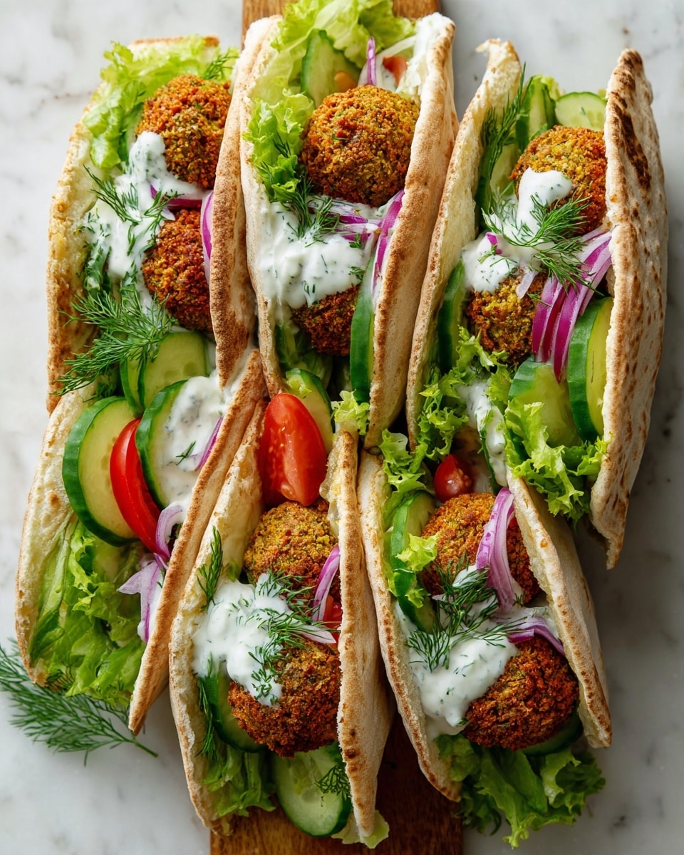 The image shows four pita sandwiches, each filled with multiple golden-brown falafel balls placed inside the soft, slightly toasted pita pockets. Inside each pita, there is a fresh green lettuce leaf forming the base layer. On top of the lettuce, layers of thinly sliced red tomatoes, light green cucumber rounds, and thin purple onion slices are added. A drizzle of white creamy sauce is spread over the falafel and vegetables, with small sprigs of fresh dill placed on top and around for garnish. The sandwiches are laid out on pieces of parchment paper on a light wood surface. photo taken with an iphone --ar 4:5 --v 7