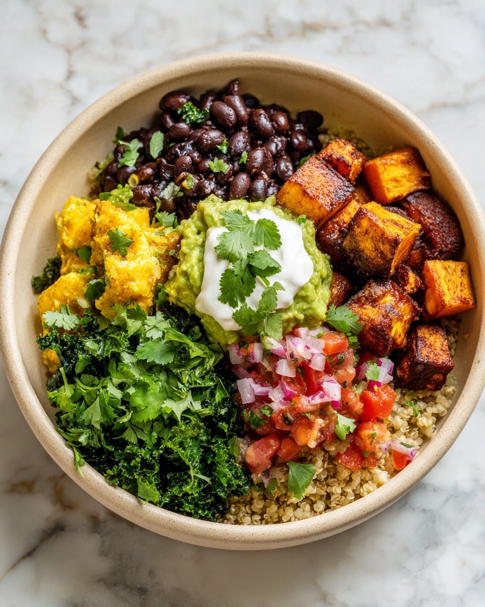 A white bowl on a white marbled surface holds a colorful layered dish with seven visible sections: at the bottom, a base of light beige quinoa; on the right, three chunks of bright orange roasted sweet potato; above the sweet potato, a pile of red tomato salsa with small white onion pieces and green herbs; next to the tomato salsa, a scoop of white sour cream topped with a small green leaf; in the center, a dollop of green guacamole; to the left of the guacamole, cooked black beans with a shiny texture; beside the black beans, dark green cooked kale; and at the bottom left, yellow scrambled tofu garnished with small green leaves. The layers are clearly separated with fresh and vibrant textures, photo taken with an iphone --ar 4:5 --v 7