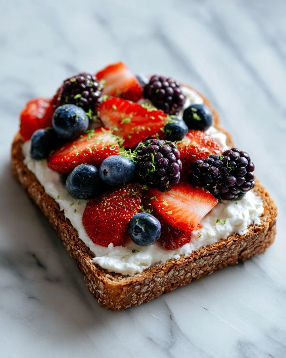 A single piece of brown, toasted bread forms the base, topped with a thick layer of white cottage cheese spread evenly across it. On top of the cheese, there is a generous mix of fresh berries: dark blue blueberries, bright red strawberry halves, and black blackberries, all scattered to cover the surface well. A light drizzle of honey or syrup glistens over the fruit and cheese, and there are small green herb bits sprinkled on top for color contrast. The toast is placed on a light wooden board with a white marbled background visible in the upper part of the image. photo taken with an iphone --ar 4:5 --v 7