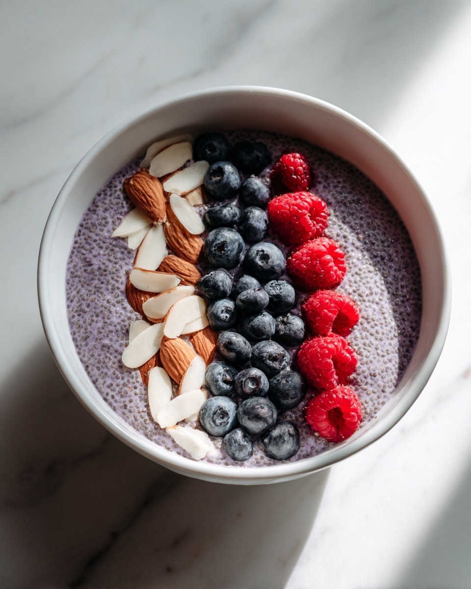 A white bowl filled with three layers of chia pudding in a purple shade, topped with three neat rows: light beige almond slices on the left, dark blue blueberries in the middle, and bright red raspberries on the right. The bowl sits on a white marbled surface with soft sunlight creating gentle shadows. photo taken with an iphone --ar 4:5 --v 7