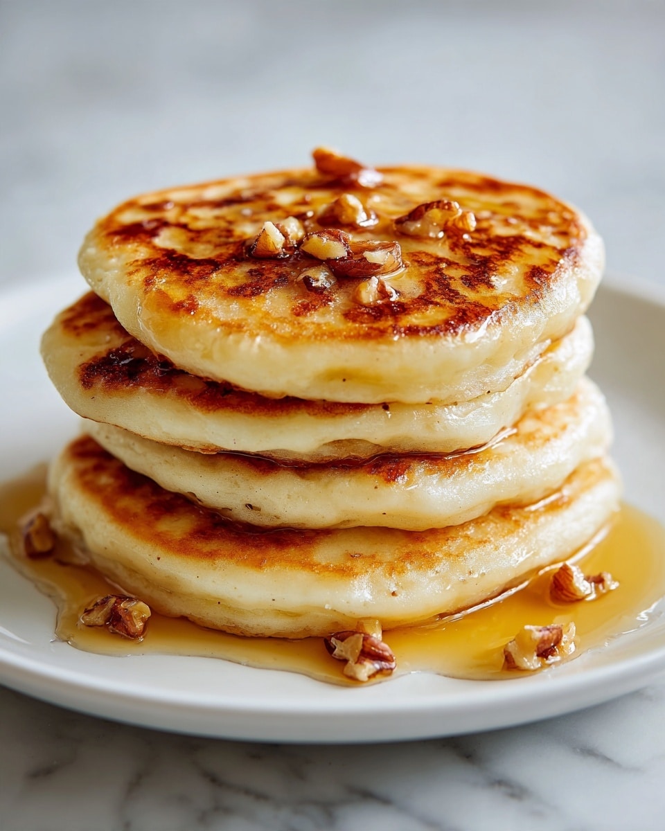 A white round plate holds four round orange-brown pancakes stacked slightly overlapping each other. Each pancake has a lightly crisped texture with darker brown spots on top. Small pieces of light tan walnuts are sprinkled on the surface of each pancake. A thin drizzle of golden syrup glistens over the pancakes and pools slightly on the white marbled surface underneath the plate. Photo taken with an iphone --ar 4:5 --v 7
