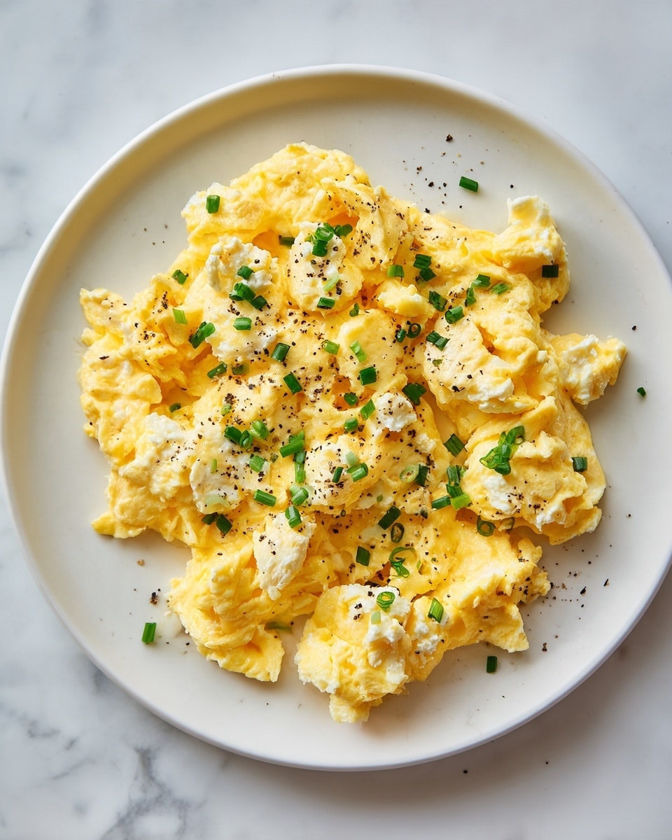A white plate is filled with soft yellow scrambled eggs mixed evenly with small white curds of cottage cheese throughout. The top is sprinkled with finely chopped green onions and a few cracks of black pepper, adding flecks of green and black to the smooth texture. The plate sits on a white marbled surface, showing a clean and fresh presentation. photo taken with an iphone --ar 4:5 --v 7