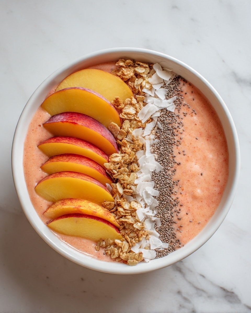 A white bowl holds a creamy orange smoothie base with a smooth texture. On top, there is a neat row of six yellow and red peach slices placed on the left side. Next to the peaches, a line of golden-brown granola mixed with white coconut flakes runs through the middle. On the right side, small black chia seeds form a thin layer over the smoothie. The bowl is set on a white marbled surface. photo taken with an iphone --ar 4:5 --v 7