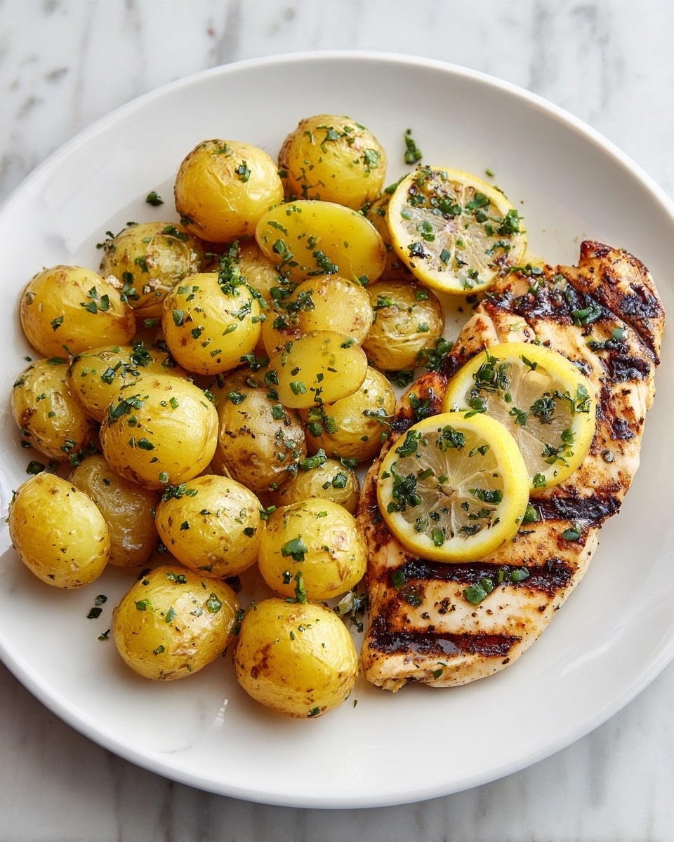 A white plate on a white marbled surface holds a meal with two main parts. On the right, there is a grilled piece of chicken with grill marks and a golden-brown color, topped with two thin lemon slices garnished with small green herbs. On the left, there are many small yellow potatoes that are halved and roasted, showing a soft inside and lightly browned edges, sprinkled with chopped green herbs. The dish is bright and fresh looking, with a mix of warm earth tones and fresh green highlights, photo taken with an iphone --ar 4:5 --v 7