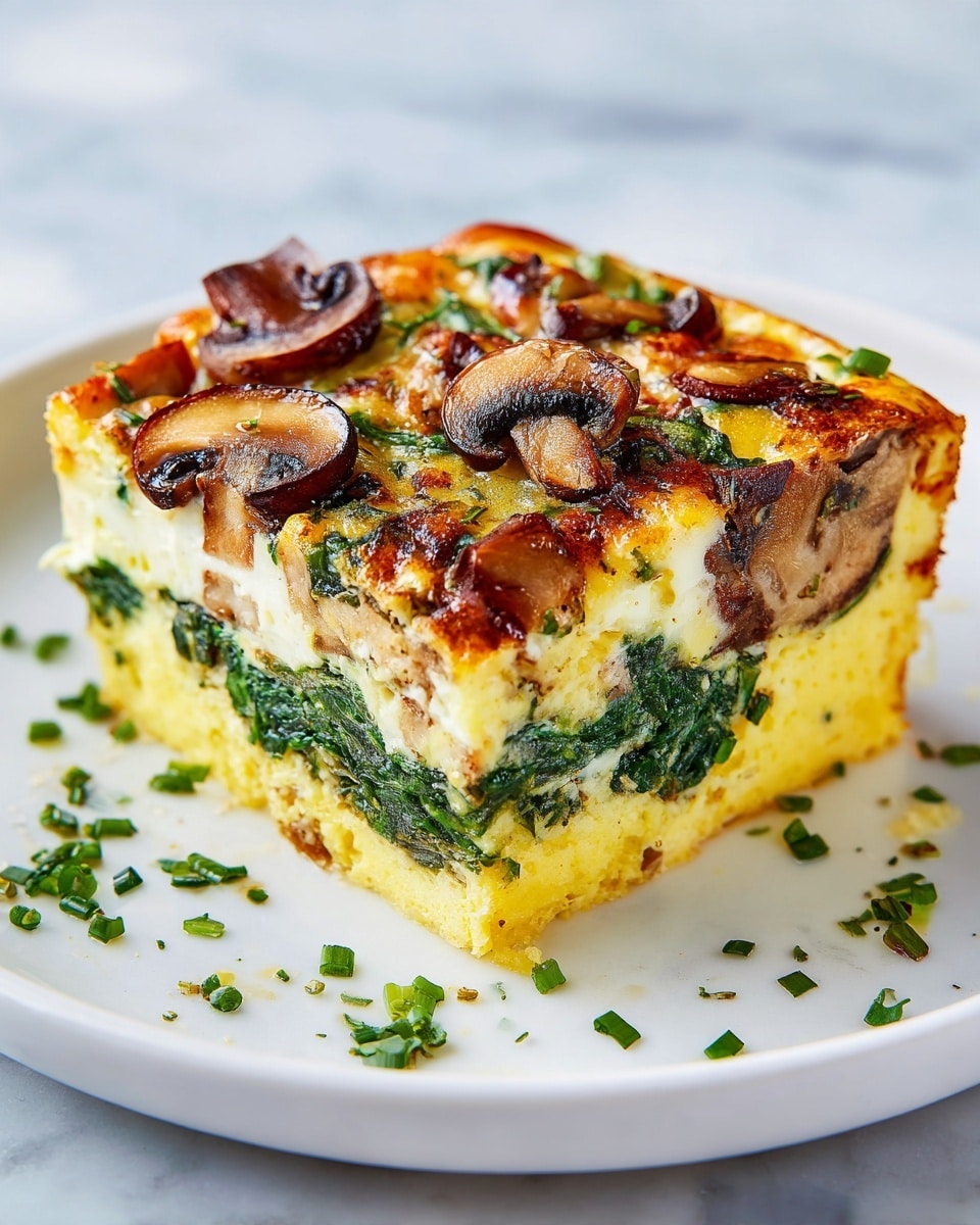 A square slice of a baked egg dish is shown on a white plate, placed on a wooden surface with a white marbled background. The dish has multiple layers: the bottom layer is golden and slightly crispy, followed by a thicker layer of green spinach mixed inside the yellow egg mixture, topped with browned mushrooms and sprinkled with green herbs. The top part is golden brown with a smooth, baked texture and some charred spots, giving it a well-cooked look. Small pieces of green herbs are scattered on the plate around the slice. Photo taken with an iphone --ar 4:5 --v 7