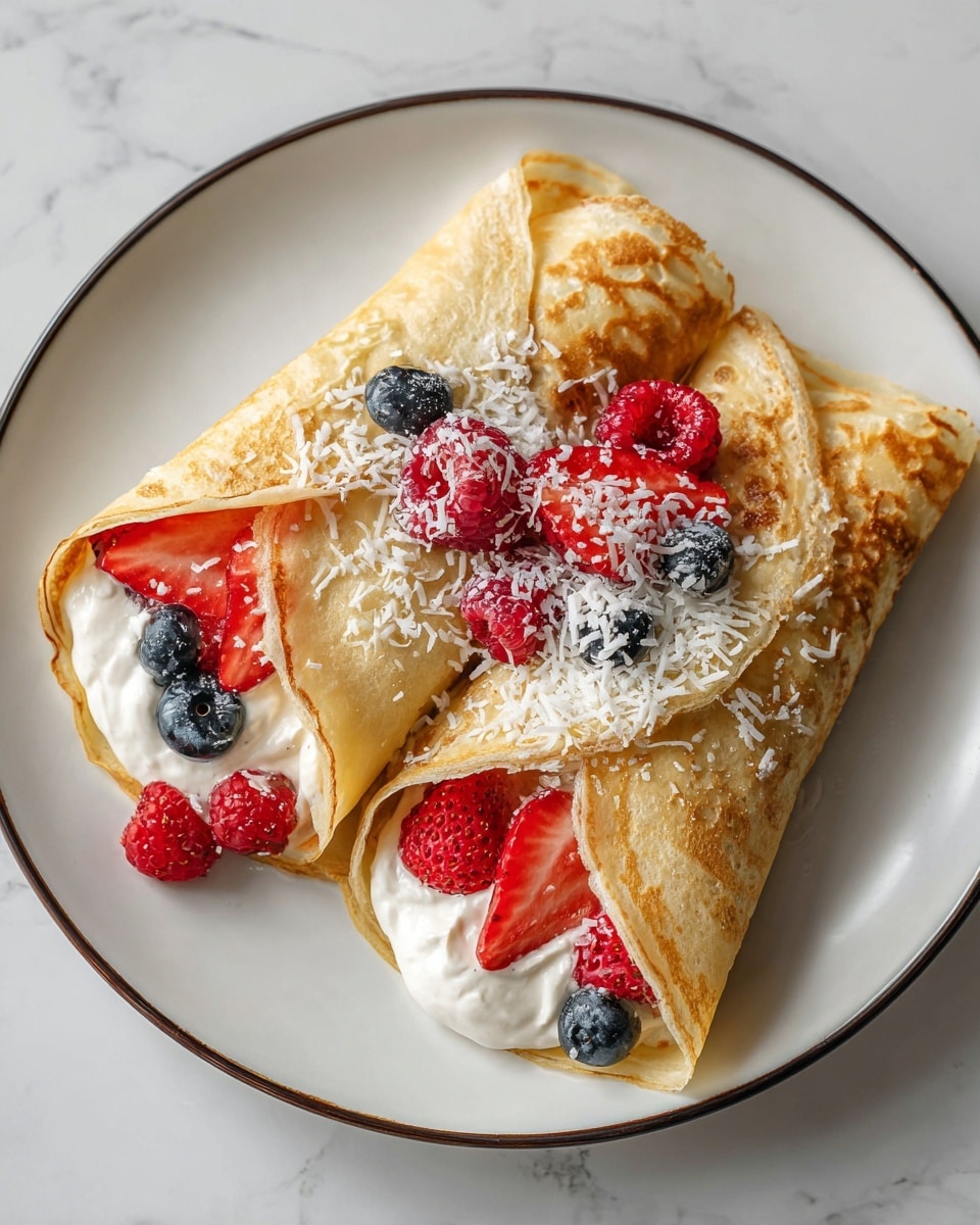 Three folded crepes are placed on a white plate with a thin dark rim, resting on a white marbled surface. Each crepe has a golden-brown color with darker spots and is filled with white cream and fresh berries. Sliced red strawberries, whole red raspberries, and whole blue blueberries are inside the crepes, with some berries also scattered on top. Shredded white topping is sprinkled over the crepes and fruit. The layers show the soft texture of the crepes, the creamy filling, and the juicy berries. photo taken with an iphone --ar 4:5 --v 7