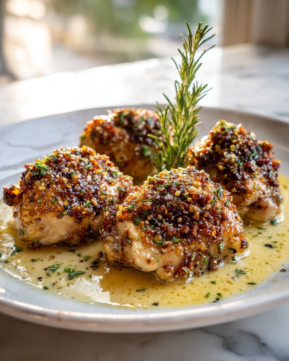A white plate holds six pieces of golden-brown grilled chicken layered closely together with a slightly crispy, textured top covered in a mix of herbs and spices, showing a glossy, oily surface with melted butter and green herb bits scattered on top and around the chicken. A small bunch of fresh green rosemary sits on top of the chicken, adding height and color contrast. The plate is placed on a white marbled surface with a softly blurred kitchen background filled with warm light. Photo taken with an iphone --ar 4:5 --v 7