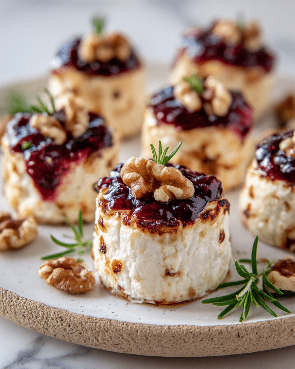 The image shows six small round pieces of grilled white cheese that are lightly browned on the edges and sides. Each piece has a thick layer of dark red cranberry sauce on top, which looks glossy and chunky. On the very top of the cranberry sauce, there is a single walnut piece placed neatly. The cheeses are arranged on a white plate with a beige rim, and fresh green rosemary sprigs are laid between the cheese pieces. Additional walnut halves and small green herb leaves are scattered around the plate, creating a natural and fresh look. The background is a white marbled surface. Photo taken with an iphone --ar 4:5 --v 7