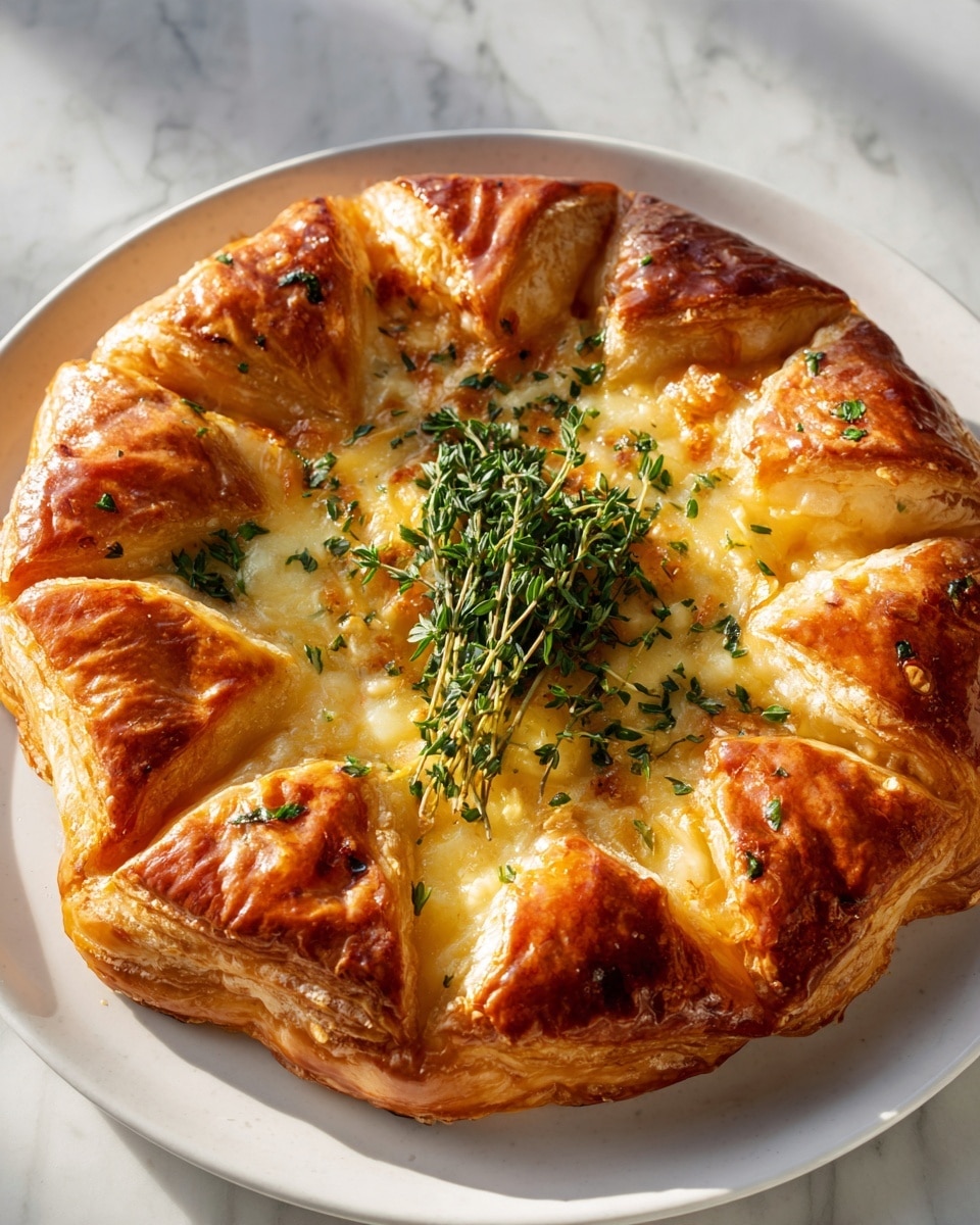 A round, golden-brown pastry with multiple flaky layers forms the base and edges, which are puffed and crisp with darker, toasted spots. The inside layer is filled with melted cheese that looks creamy and slightly bubbly, with a light yellow color. Small green herb pieces are sprinkled across the cheese and on top, where fresh green herb sprigs sit in the center. The pastry sits on a white plate, placed on a white marbled surface. Photo taken with an iphone --ar 4:5 --v 7