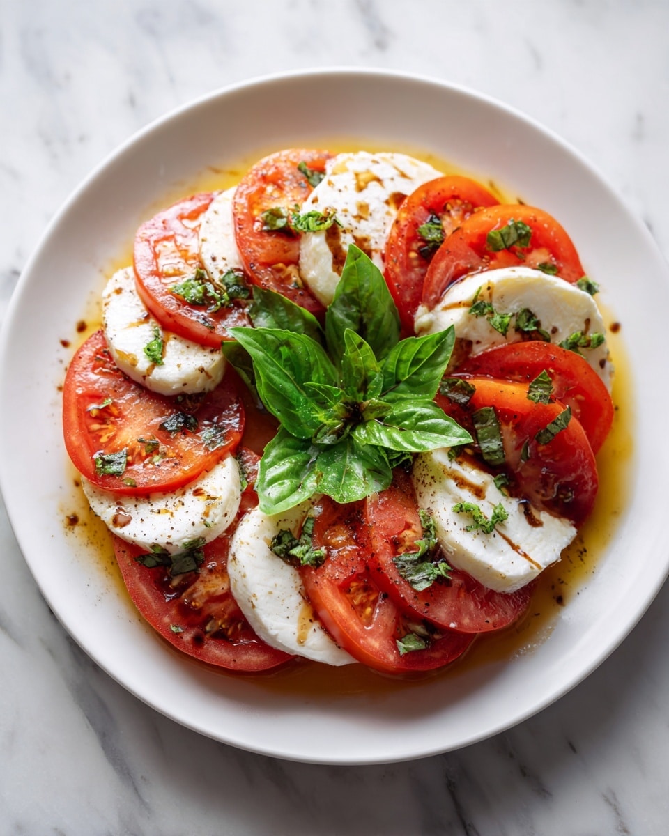 A white plate holds a Caprese salad arranged in multiple layers; the bottom layer is thick, bright red tomato slices evenly spread around the plate, topped with soft white mozzarella cheese pieces placed between the tomato slices. Fresh, dark green basil leaves are scattered on top and in the center as a small bunch. The salad is lightly drizzled with a dark balsamic glaze and a golden olive oil shine, with a few black pepper specks visible. The plate rests on a white marbled surface. Photo taken with an iphone --ar 4:5 --v 7
