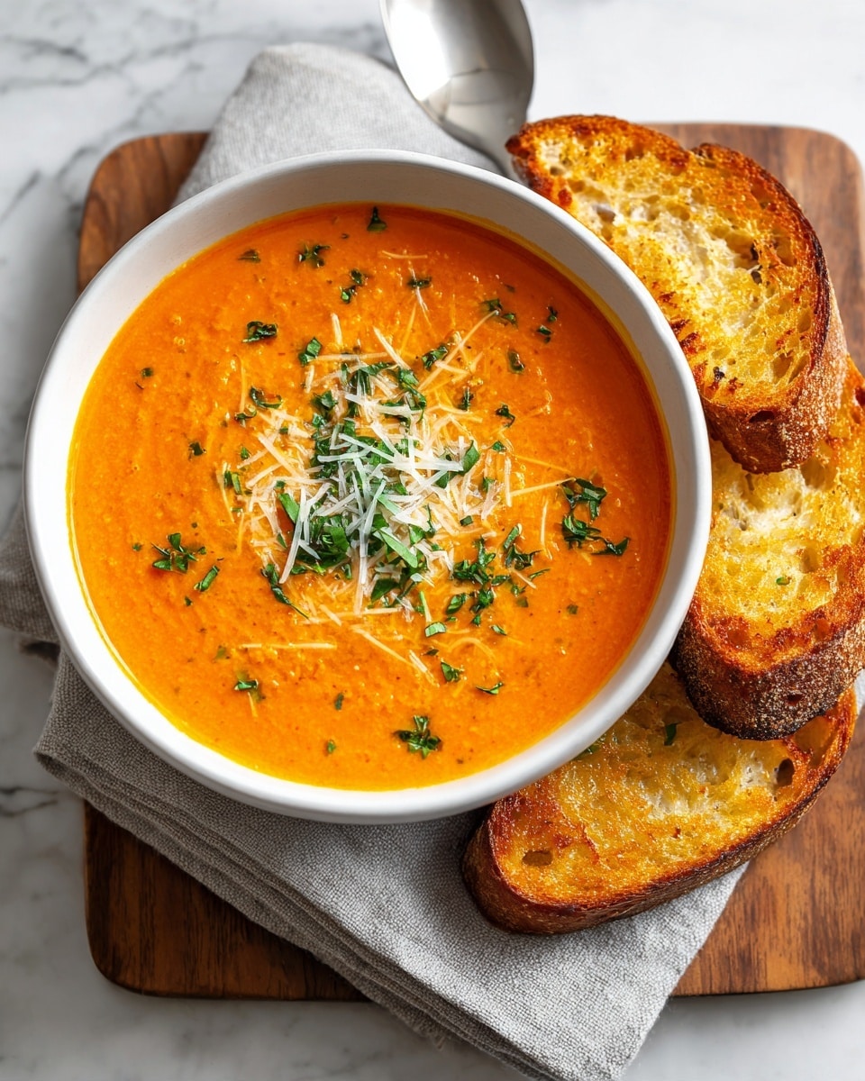 A bowl of bright orange tomato soup with a smooth texture fills most of the space, topped in the center with a small pile of finely grated white cheese and scattered dark green chopped herbs. Two round toasted bread slices with a crispy, golden-brown surface lean against the edge of the bowl, showing some darker, slightly burnt spots around the crust. The bowl is light speckled and rests on a beige cloth napkin, all placed on a white marbled surface. photo taken with an iphone --ar 4:5 --v 7