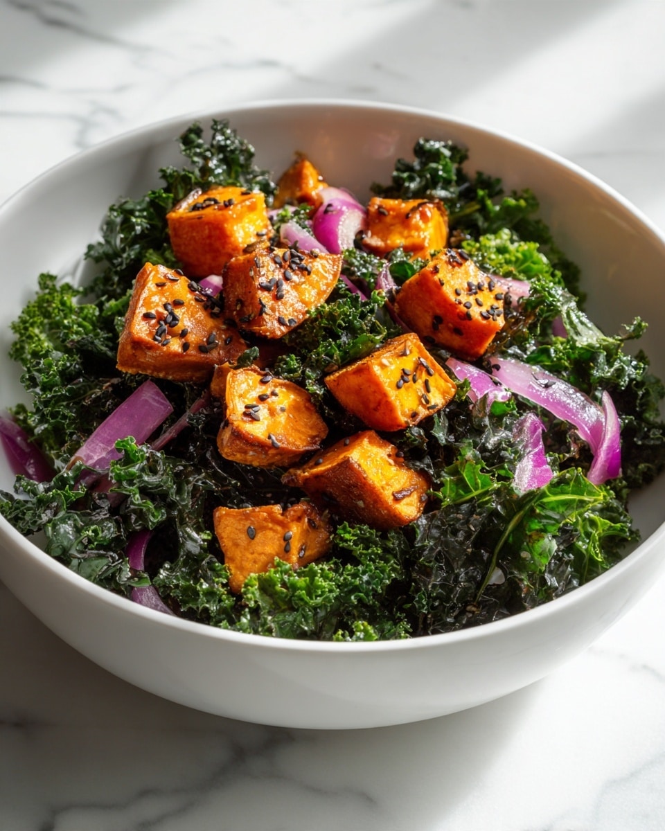 This image shows a white bowl filled with a salad made of dark green kale leaves as the base layer, which looks fresh and curly. On top, there are many roasted orange sweet potato cubes with a slightly charred, crispy texture. Small pieces of purple onion and white sesame seeds are scattered throughout the salad, adding color contrast and texture. The bowl is placed on a white marbled surface, and soft natural light highlights the details and colors of the dish, making it look fresh and appetizing. photo taken with an iphone --ar 4:5 --v 7