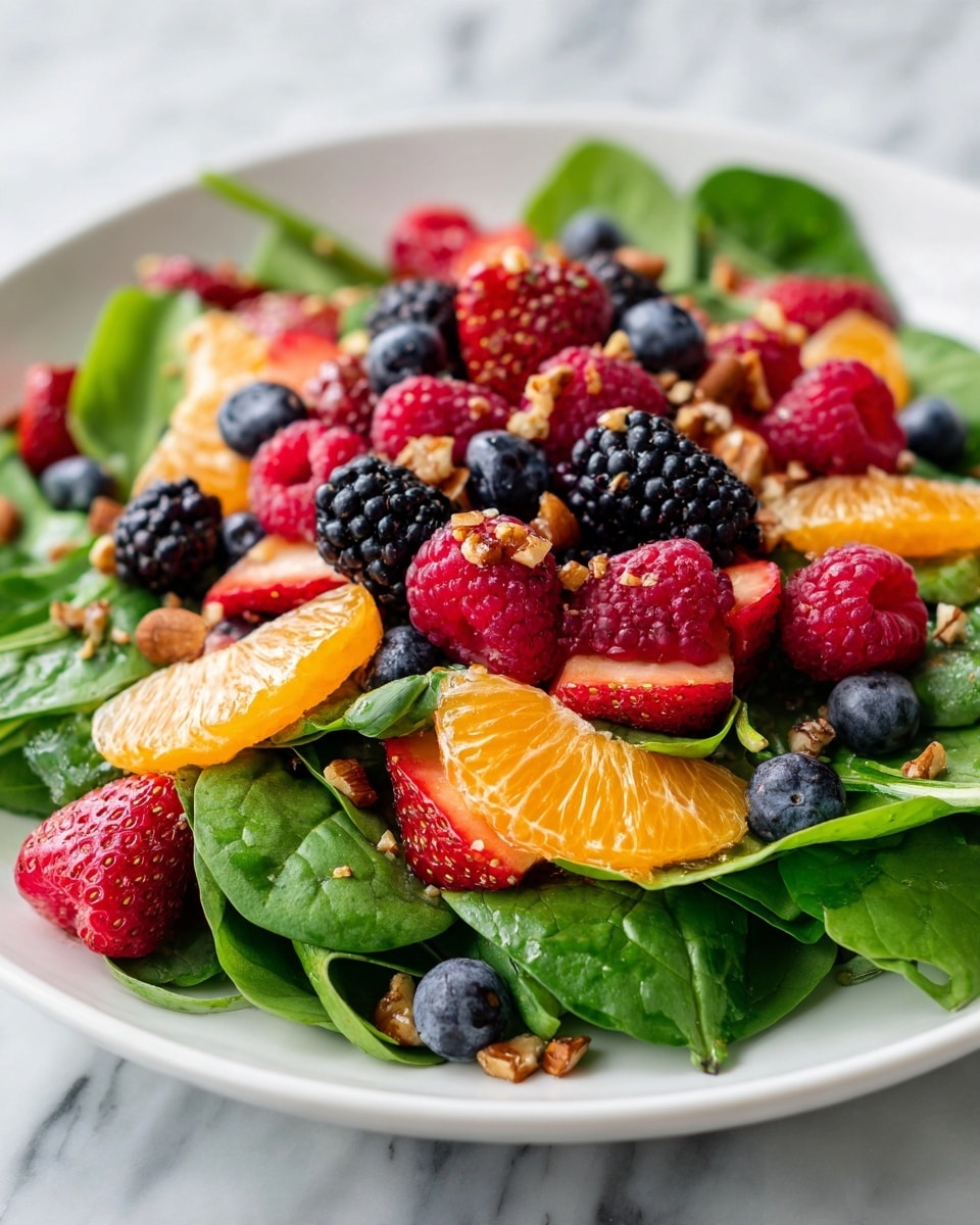 A white plate holds a fresh salad with three layers: the bottom layer is bright green spinach leaves, large and smooth; the middle layer has orange mandarin slices arranged evenly on top of the greens; the top layer is colorful mixed berries including strawberries sliced in half, whole blueberries, raspberries, and blackberries scattered over the salad. Small bits of golden brown nuts or seeds are sprinkled on top. The plate is set on a white marbled surface. photo taken with an iphone --ar 4:5 --v 7