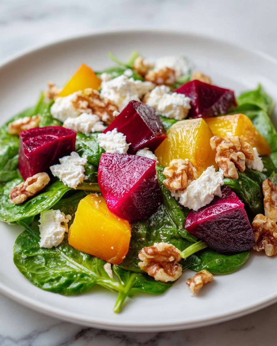 The image shows a salad on a white plate with a brown rim, sitting on a white marbled surface. The salad has three main layers: at the base, there are fresh green leafy spinach leaves spread around. On top of the greens, there are chunks of red and yellow roasted beets, each piece showing smooth, slightly shiny surfaces with a soft texture. Scattered over the beets and greens are small, white crumbles of goat cheese, adding a creamy texture contrast. Finally, light brown walnut halves are sprinkled on the top, providing a rough, textured look. A light drizzle of dressing can be seen glistening slightly on the ingredients, bringing the colors and textures together. photo taken with an iphone --ar 4:5 --v 7