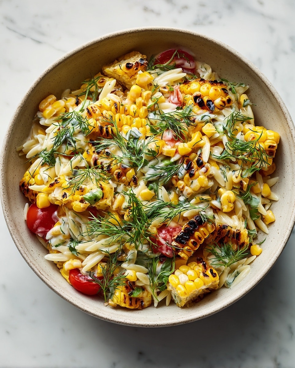 A bowl filled with a mix of small, light yellow orzo pasta and bright yellow grilled corn pieces with dark brown char marks, scattered with red tomato chunks and green herbs like dill and parsley. The ingredients are lightly coated with a white creamy sauce that adds a smooth texture, all placed inside a large white bowl on a white marbled surface. photo taken with an iphone --ar 4:5 --v 7