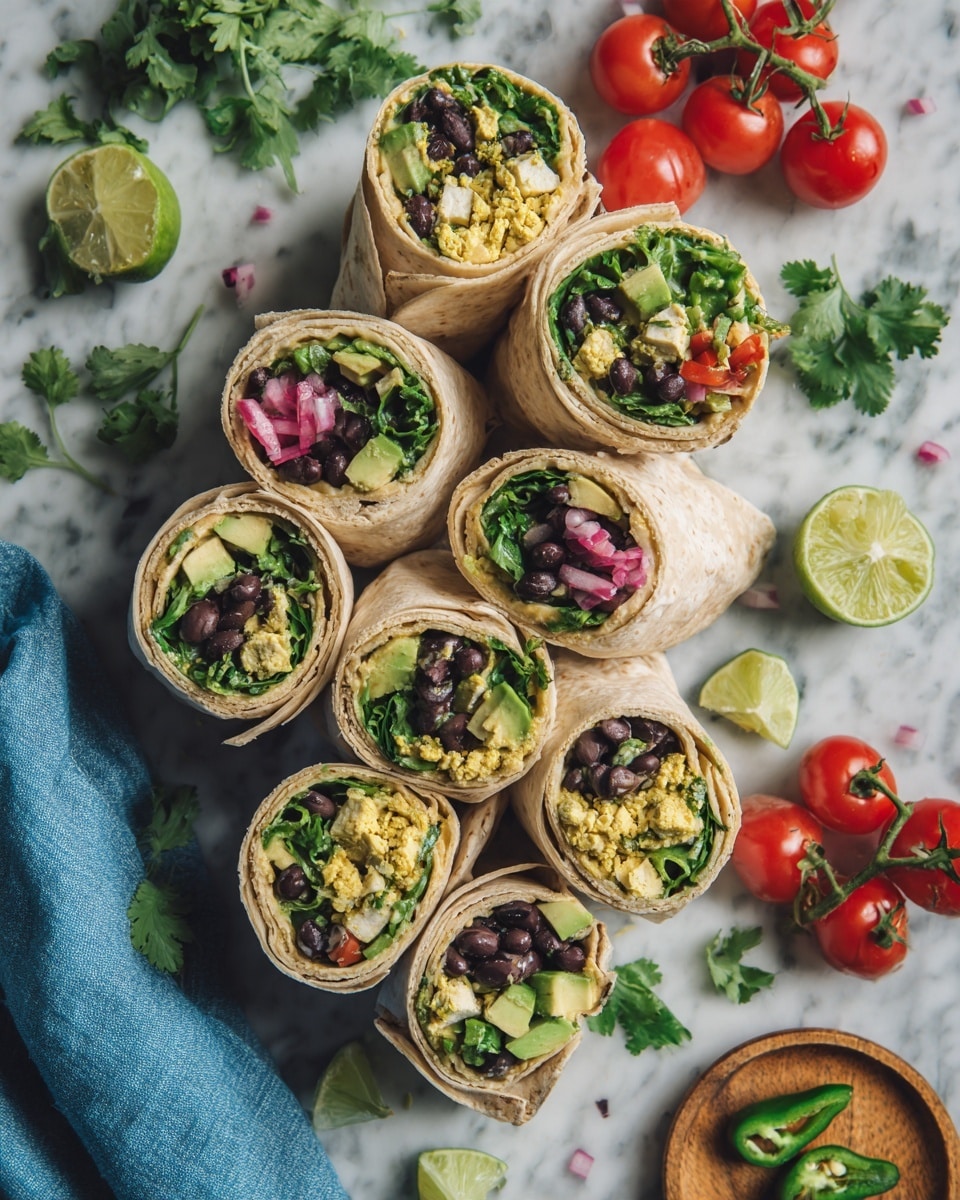 Six wraps cut in half are arranged on a white marbled surface. Each wrap shows several layers starting with green leafy lettuce closest to the outer tortilla wrap, followed by yellow scrambled tofu, slices of light green avocado, dark black beans, and bright pink pickled onions, with some small pieces of red tomato visible inside. The wraps have shiny foil around the lower part and are positioned near fresh tomatoes on a vine, lime wedges, cilantro leaves, and a blue cloth. The image is bright with natural light and clear focus. photo taken with an iphone --ar 4:5 --v 7