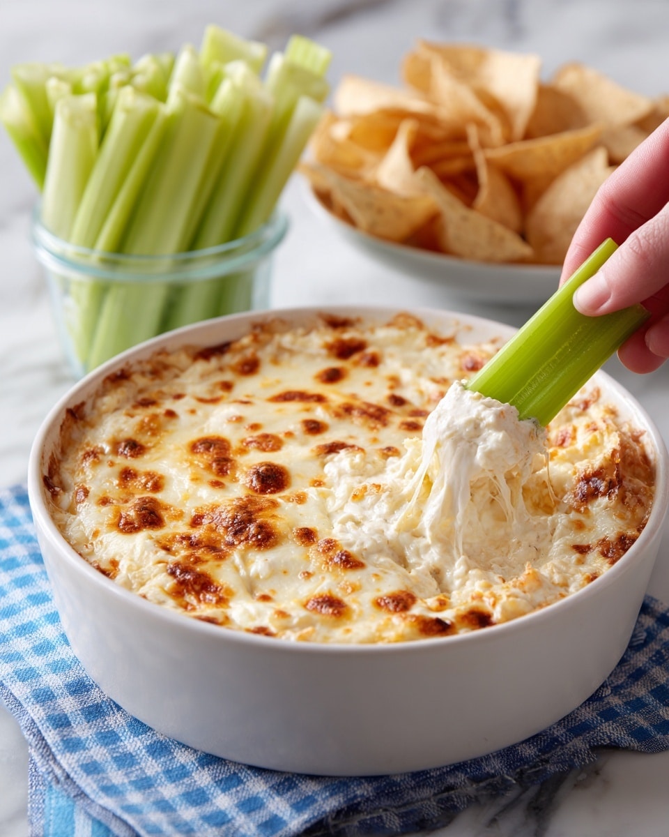 A white round dish filled with a creamy dip that has a golden brown top layer with charred spots, showing melted cheese texture; a woman's hand is holding a light green celery stick dipping into the creamy white and orange mixture, lifting some of the dip; in the background, there is a clear glass jar with celery sticks and a white bowl with plain tortilla chips, all set on a white marbled surface with a white cloth that has blue stripes under the dish photo taken with an iphone --ar 4:5 --v 7