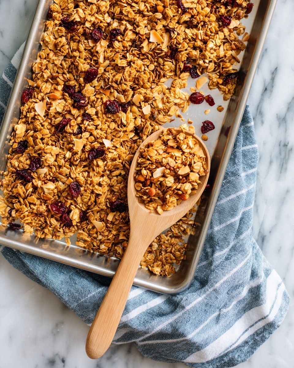 The image shows a large silver baking tray filled with golden brown granola mixed with light tan coconut flakes and red dried cranberries scattered throughout. A light wooden spoon with holes rests on top of the granola scooping some of it up, the handle extending out to the right. The tray sits on a white marbled surface with a blue and white striped cloth folded next to it on the left side. The granola has a rough, crunchy texture with clusters of oats and nuts visible. Photo taken with an iphone --ar 4:5 --v 7