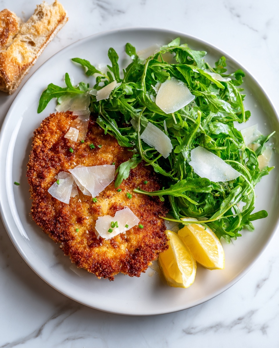 A white plate with a golden brown crispy breaded piece of chicken placed on the right side. Two thin lemon slices rest on top near the edge of the chicken. On the left side of the plate, there is a fresh green arugula salad with leafy texture, topped with white shaved cheese scattered unevenly. The plate sits on a white marbled surface. In the top corner, a piece of light brown bread is partially visible. photo taken with an iphone --ar 4:5 --v 7